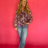 Floral Printed Button Down Blouse in Orchid Brown