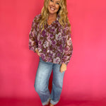 Floral Printed Button Down Blouse in Orchid Brown