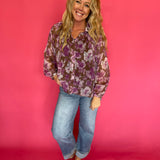 Floral Printed Button Down Blouse in Orchid Brown