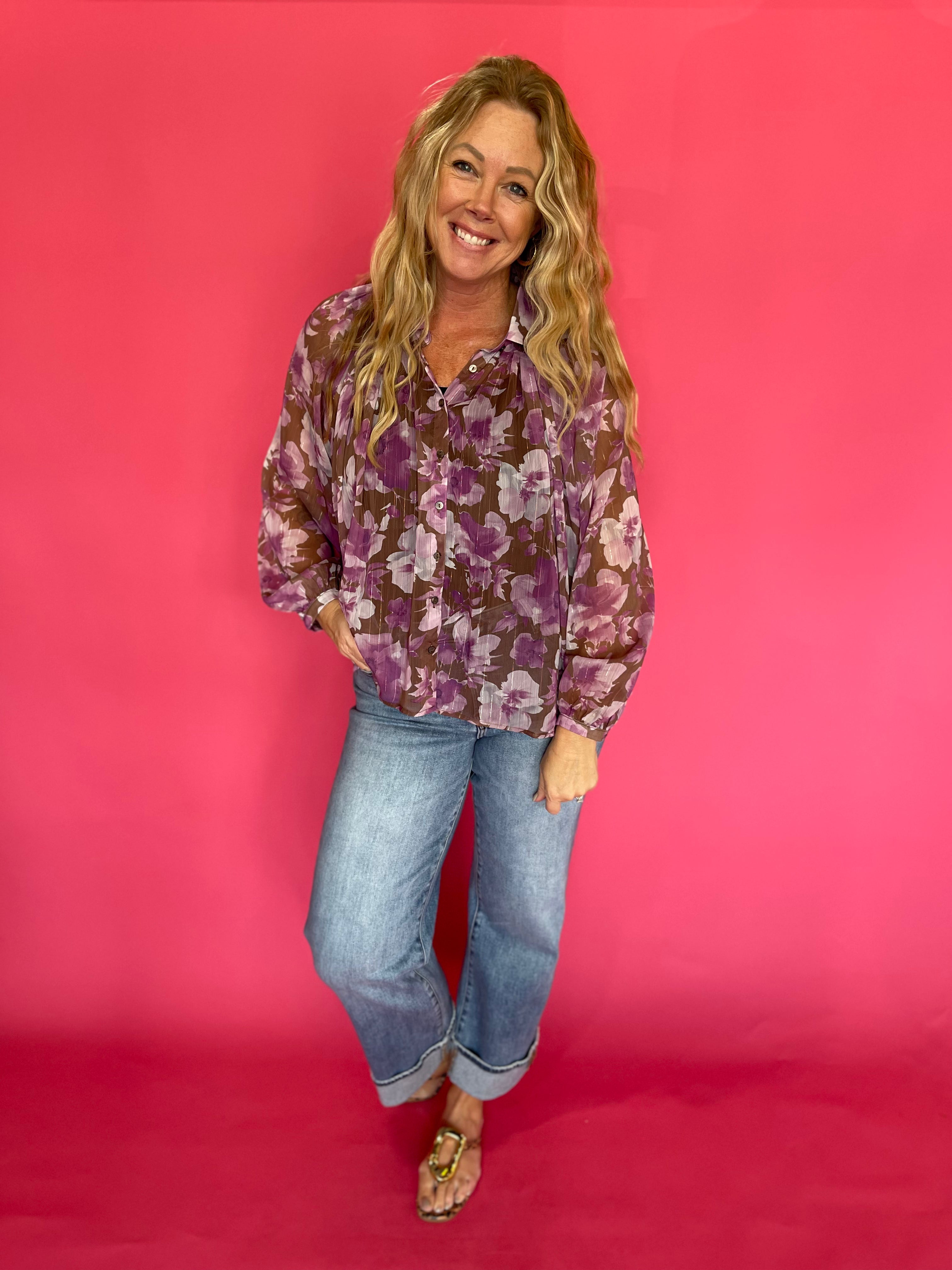 Floral Printed Button Down Blouse in Orchid Brown