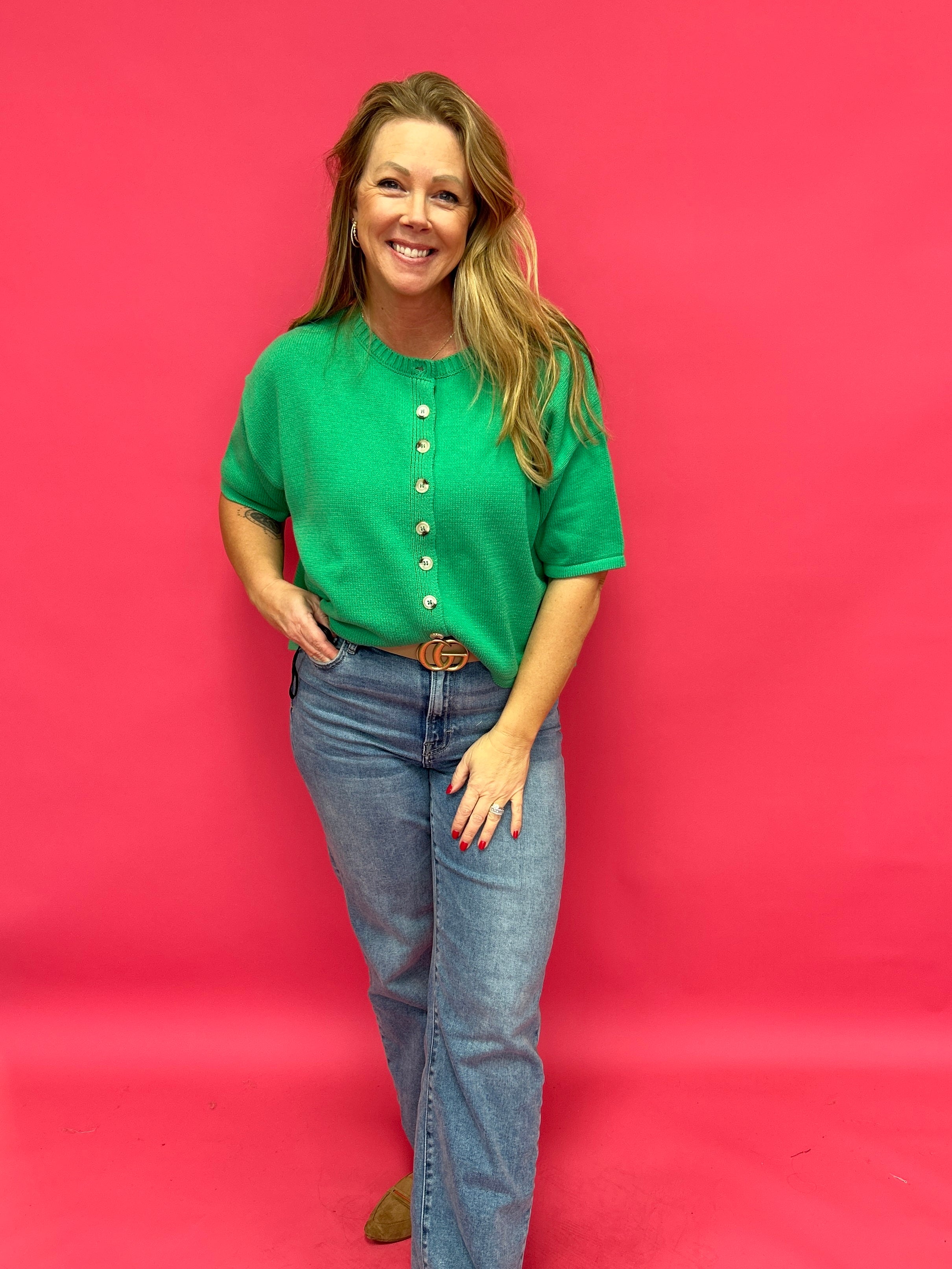 Fresh Pick Button-Up Sweater Knit Top in Spring Green - Shabby 2 Chic Boutiques