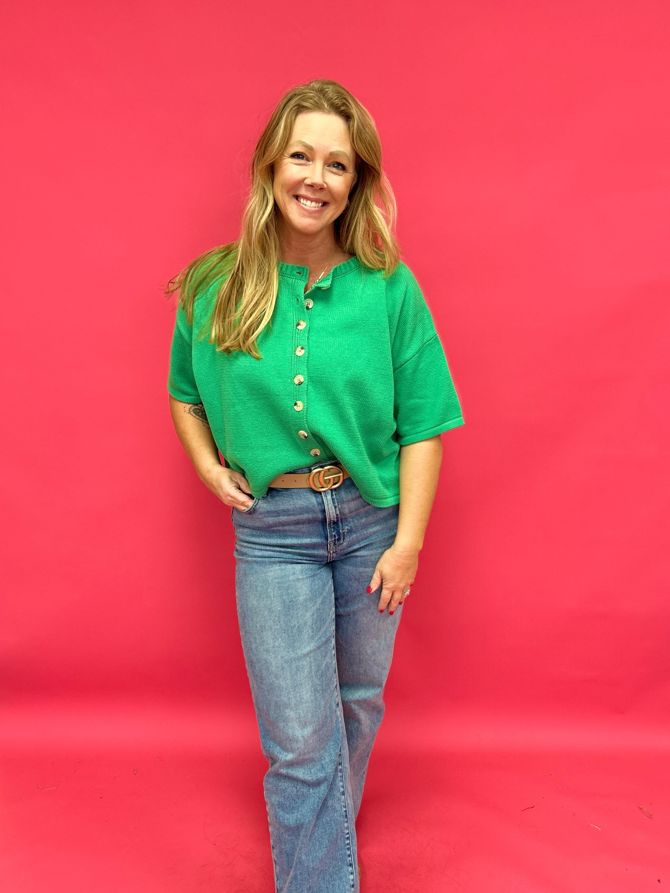 Fresh Pick Button-Up Sweater Knit Top in Spring Green - Shabby 2 Chic Boutiques