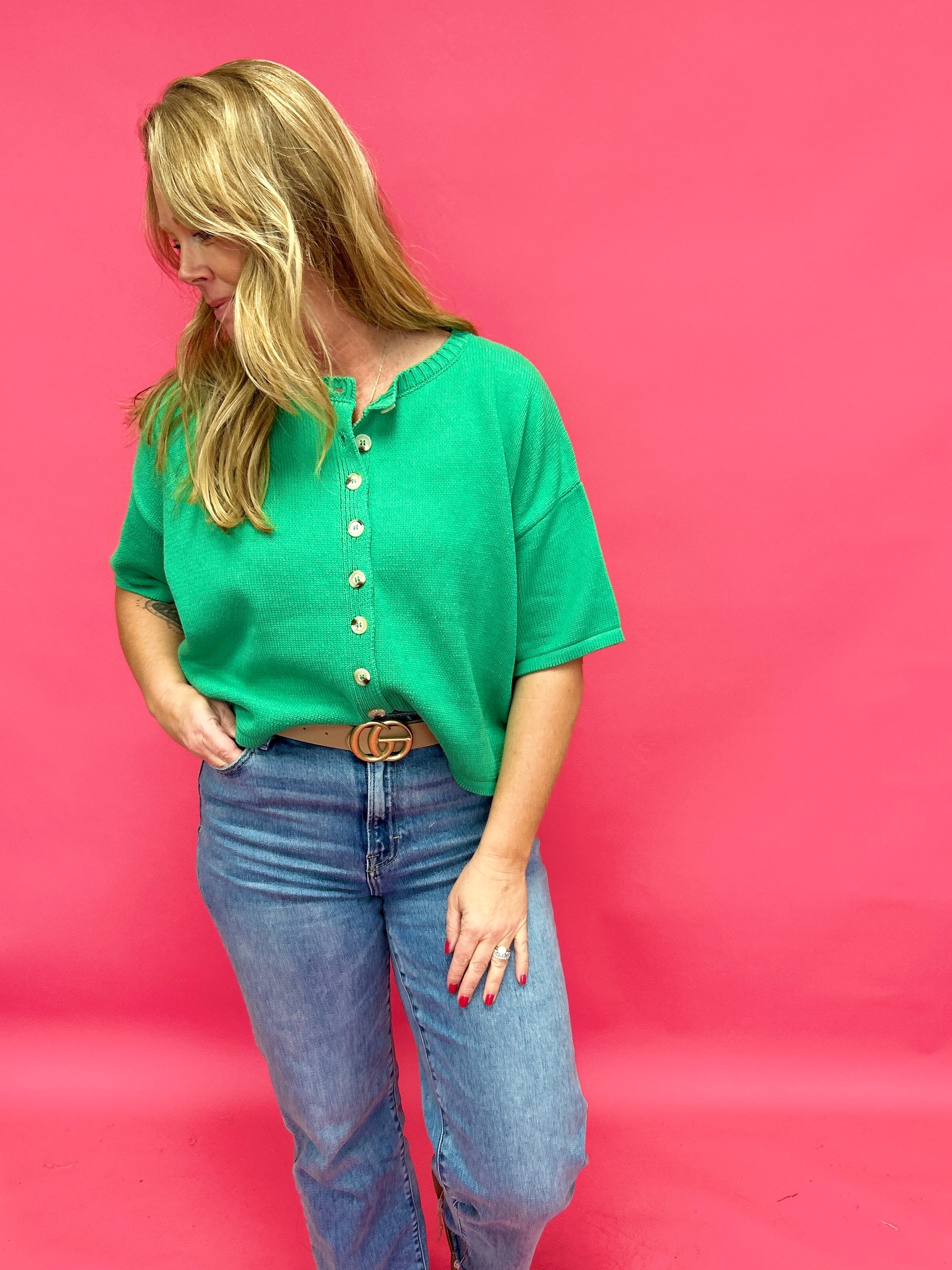 Fresh Pick Button-Up Sweater Knit Top in Spring Green - Shabby 2 Chic Boutiques