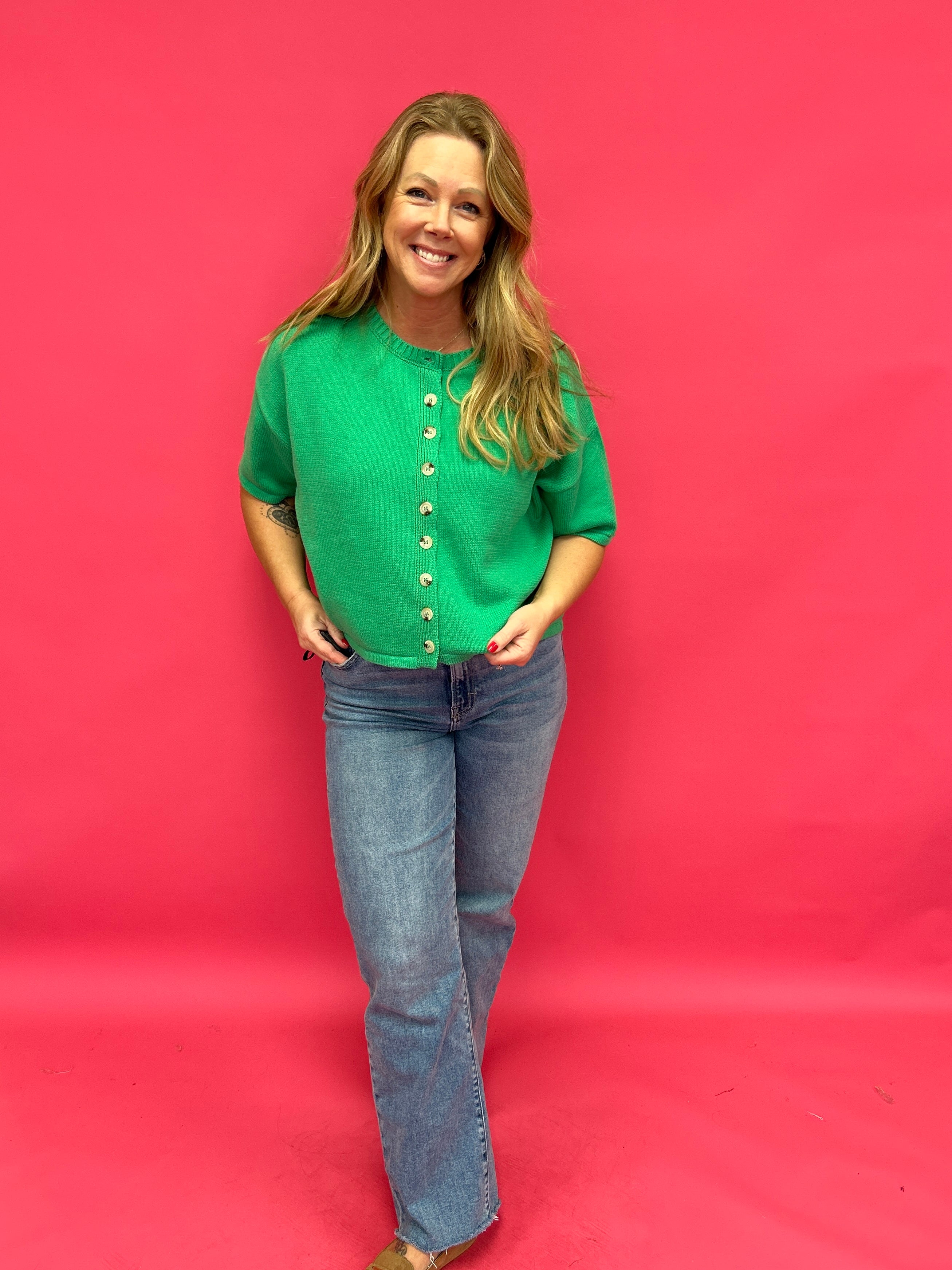 Fresh Pick Button-Up Sweater Knit Top in Spring Green - Shabby 2 Chic Boutiques