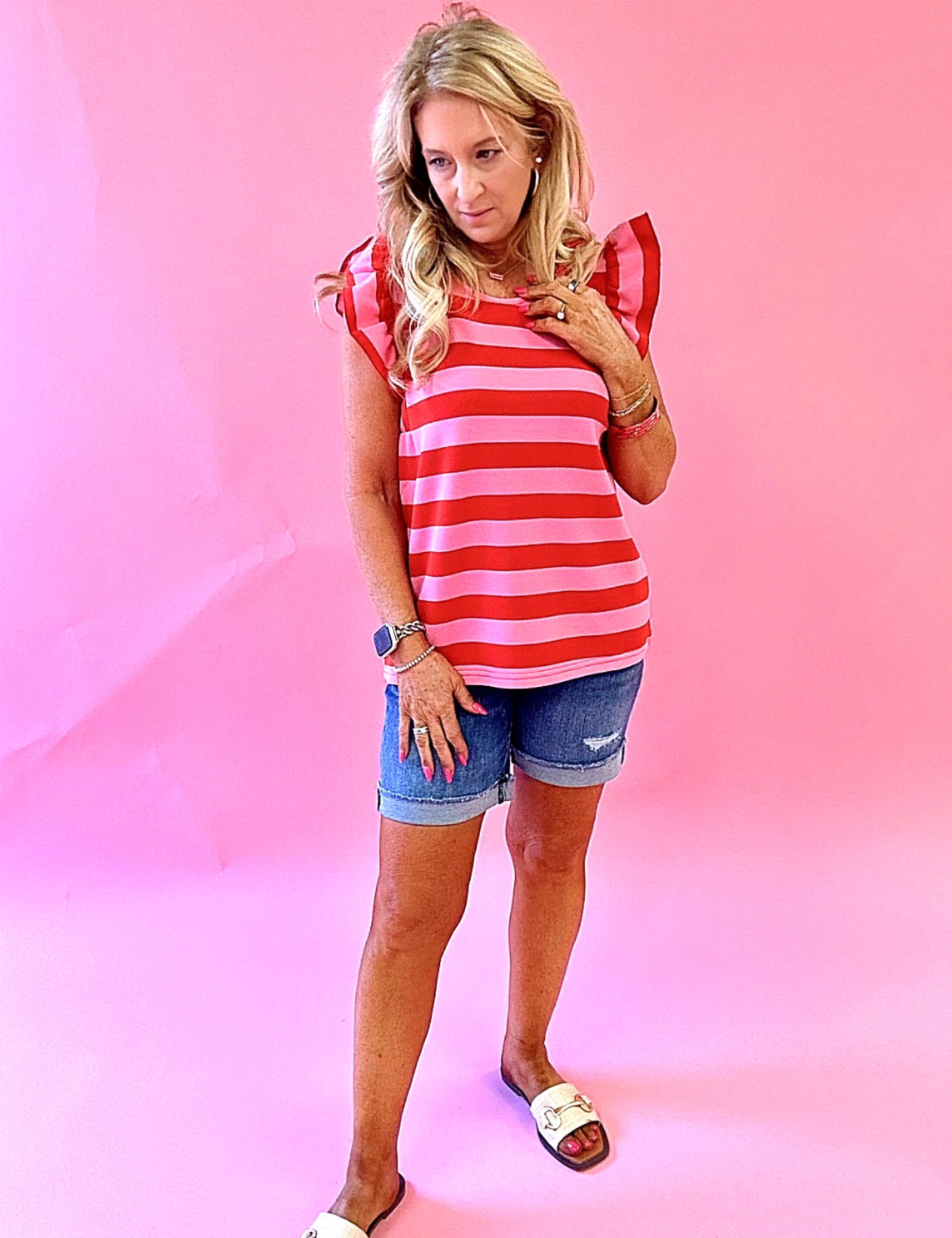 Fun Times Striped Ruffled Top in Red/Pink