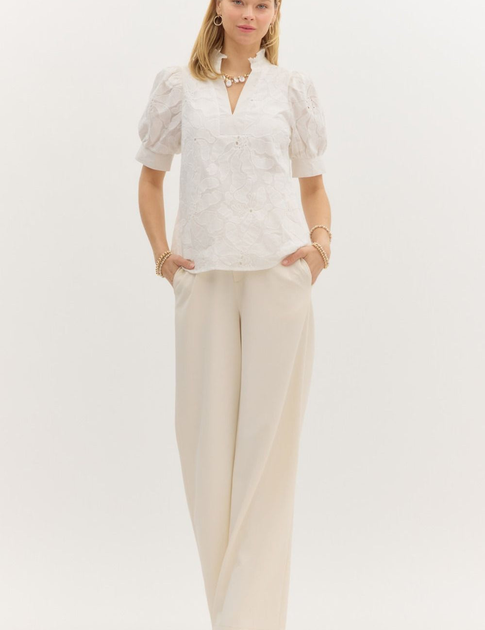 Garden Muse Embroidered Puff Sleeve Top in White