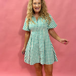 Garden Party Gingham Button-Up Dress in Green