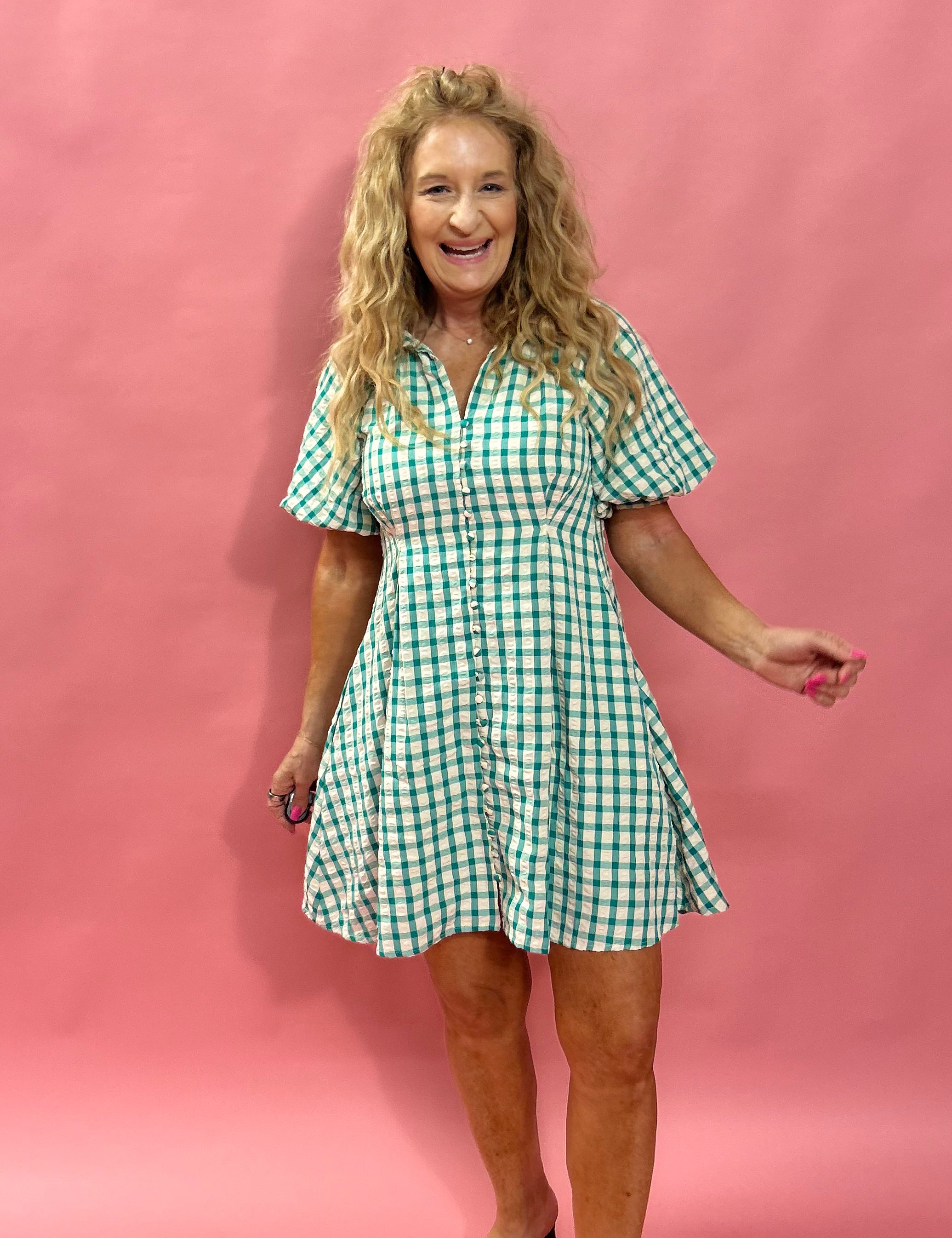 Garden Party Gingham Button-Up Dress in Green