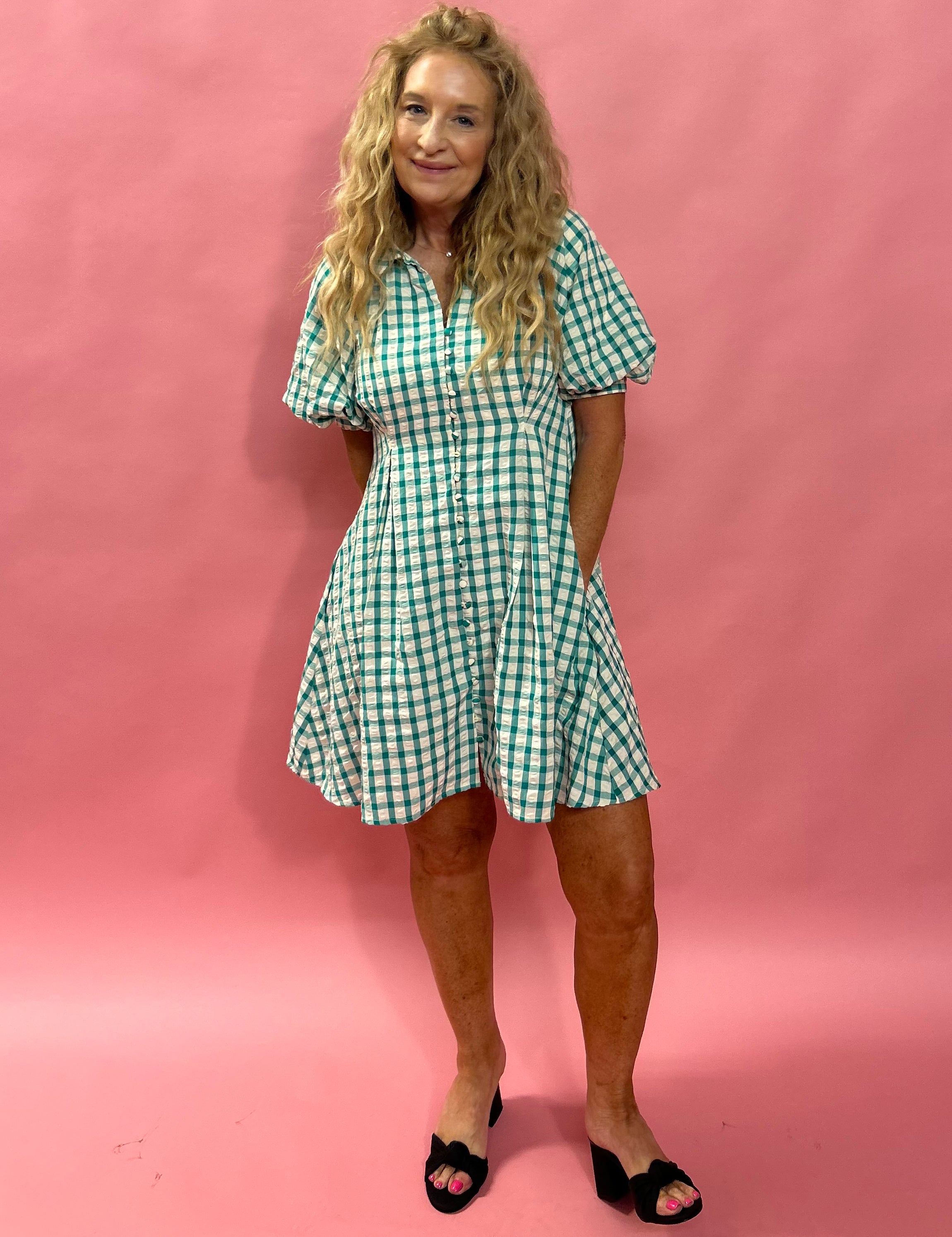 Garden Party Gingham Button-Up Dress in Green