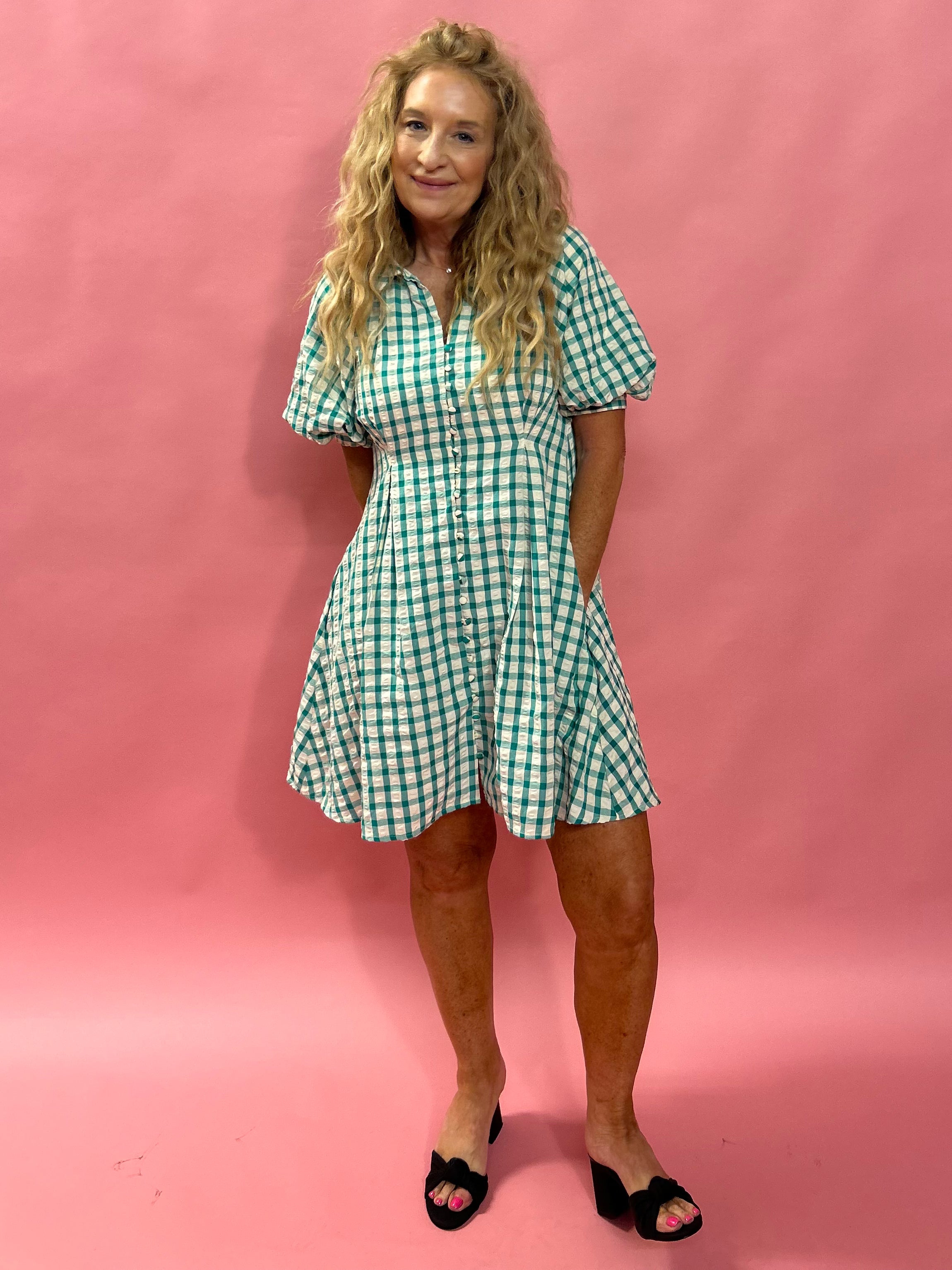 Garden Party Gingham Button-Up Dress in Green