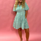 Garden Party Gingham Button-Up Dress in Green