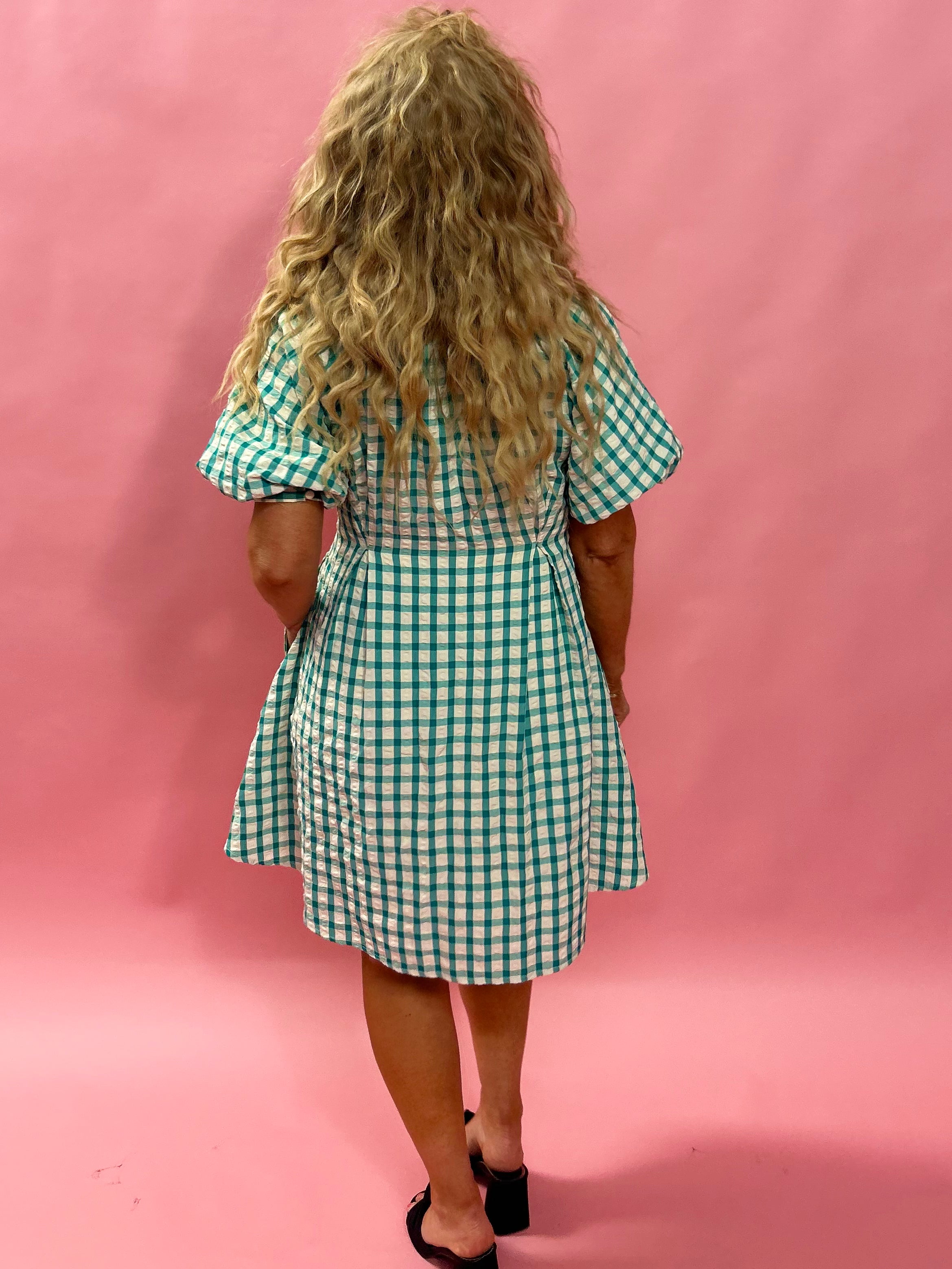 Garden Party Gingham Button-Up Dress in Green