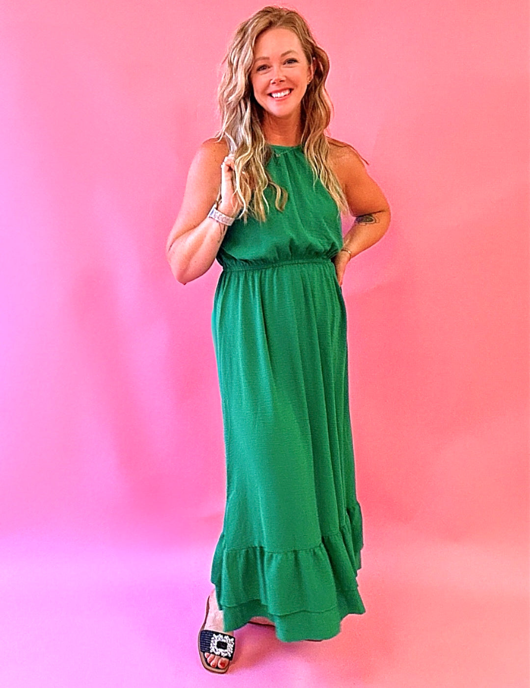 Ginger Tiered Hem Midi Dress in Green