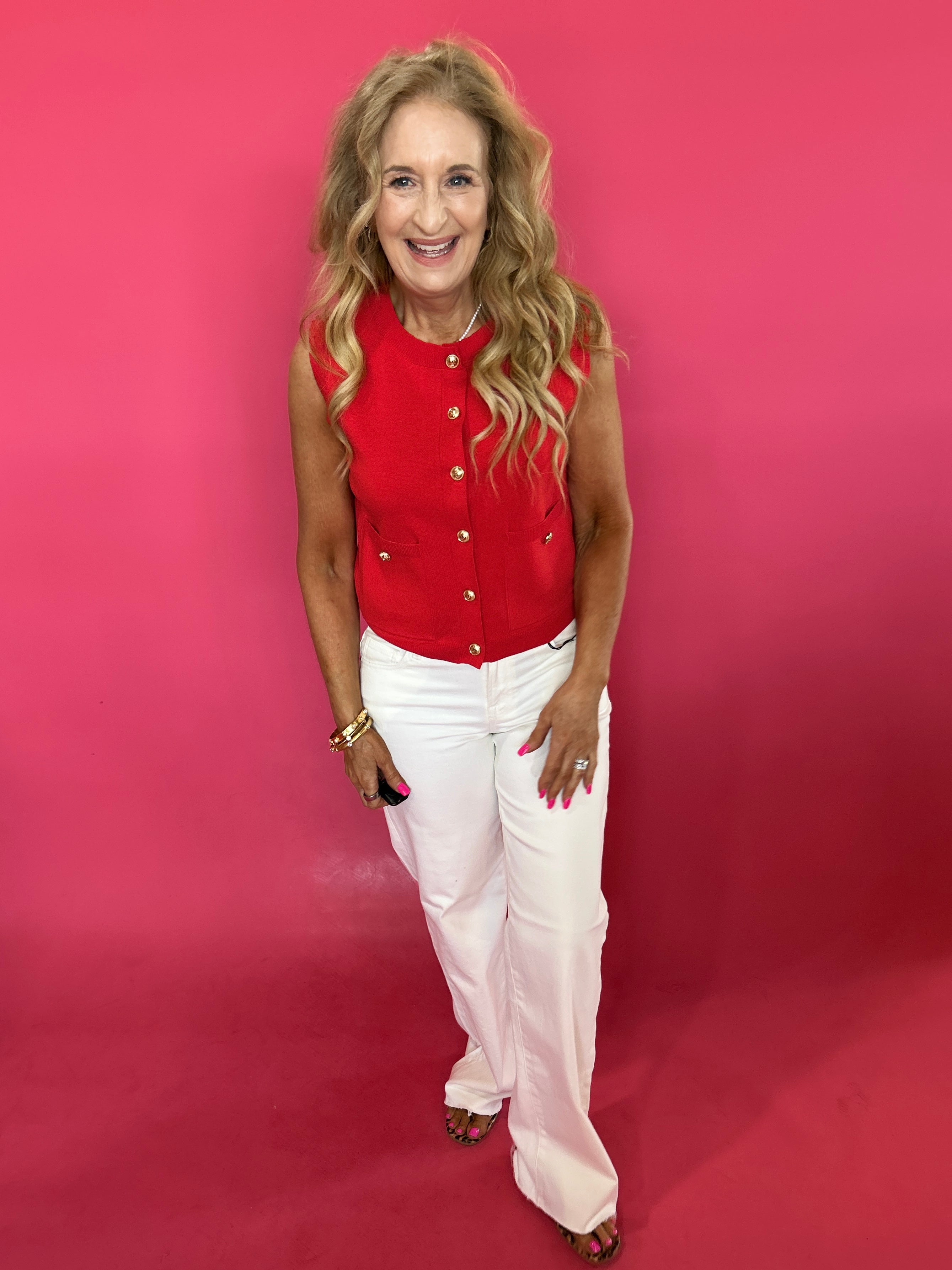 Gold Button Round Neck Knit Cardigan Vest - Shabby 2 Chic Boutiques