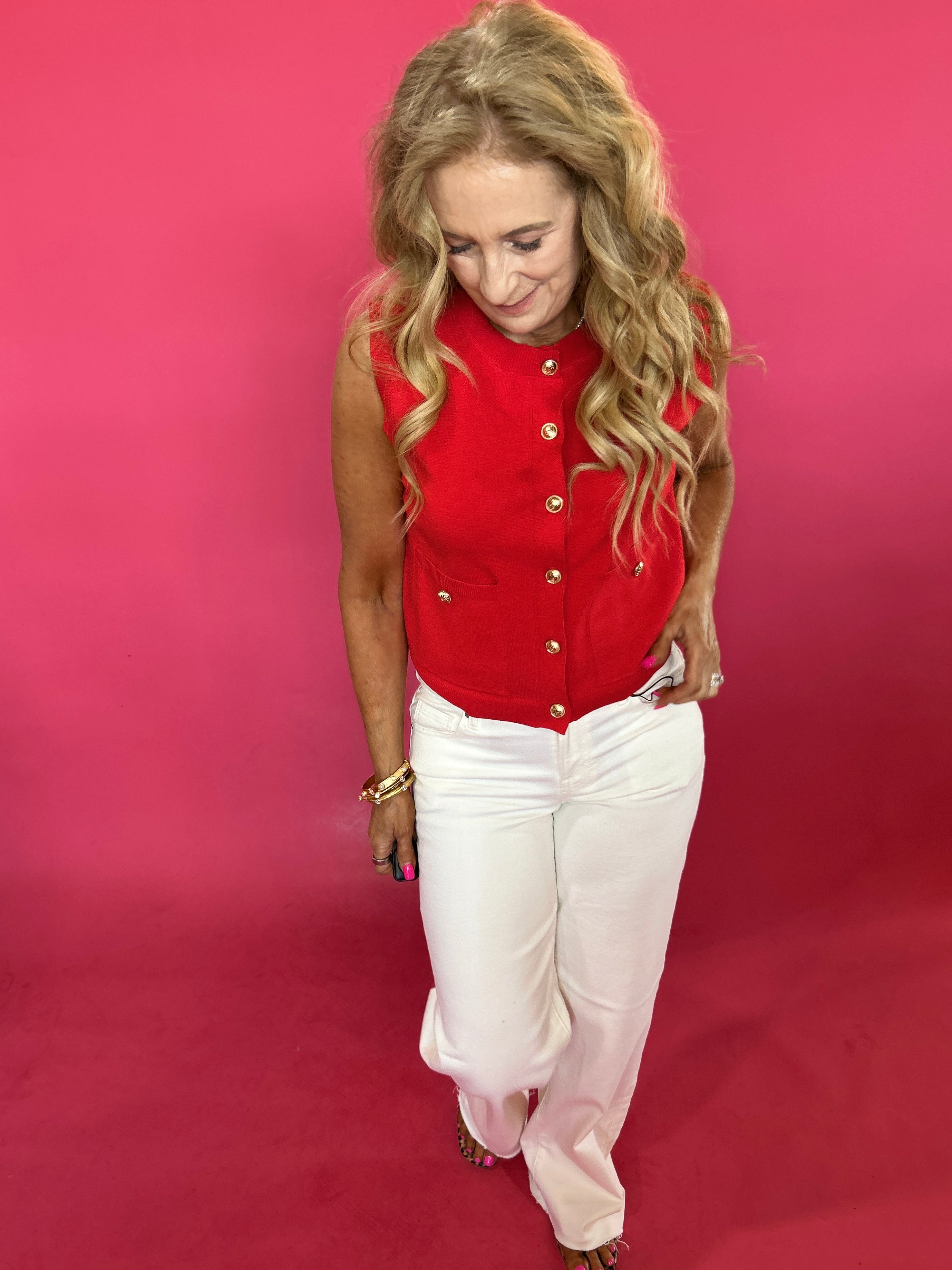 Gold Button Round Neck Knit Cardigan Vest - Shabby 2 Chic Boutiques