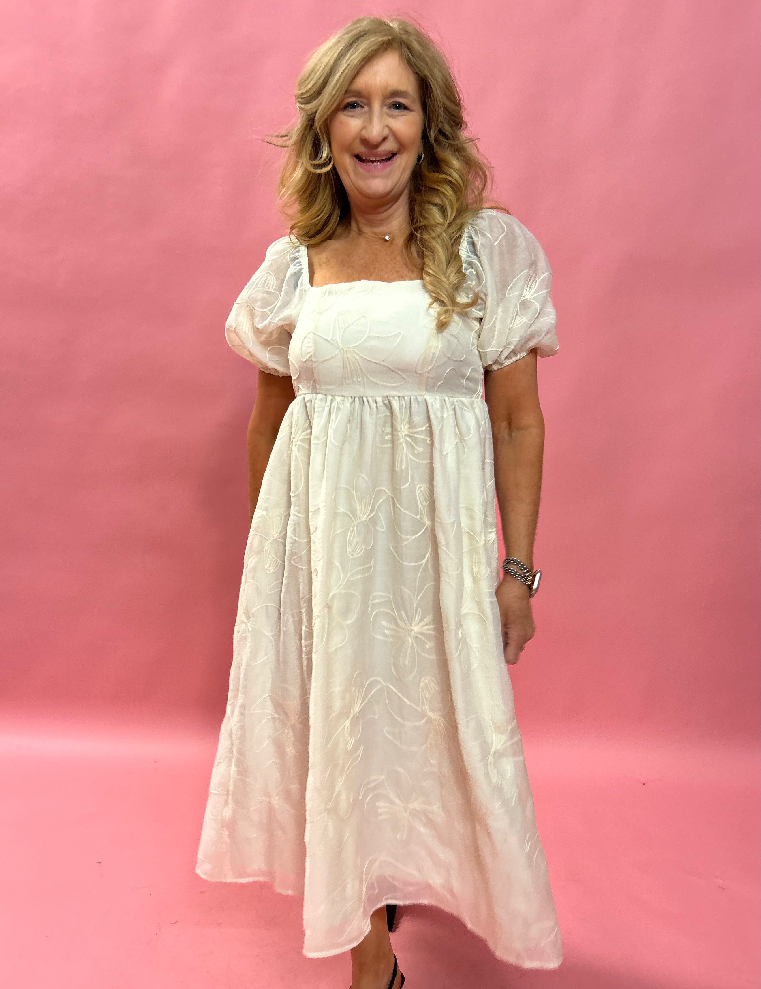 Graceful Charm: Embroidered Babydoll Maxi Dress in Cream