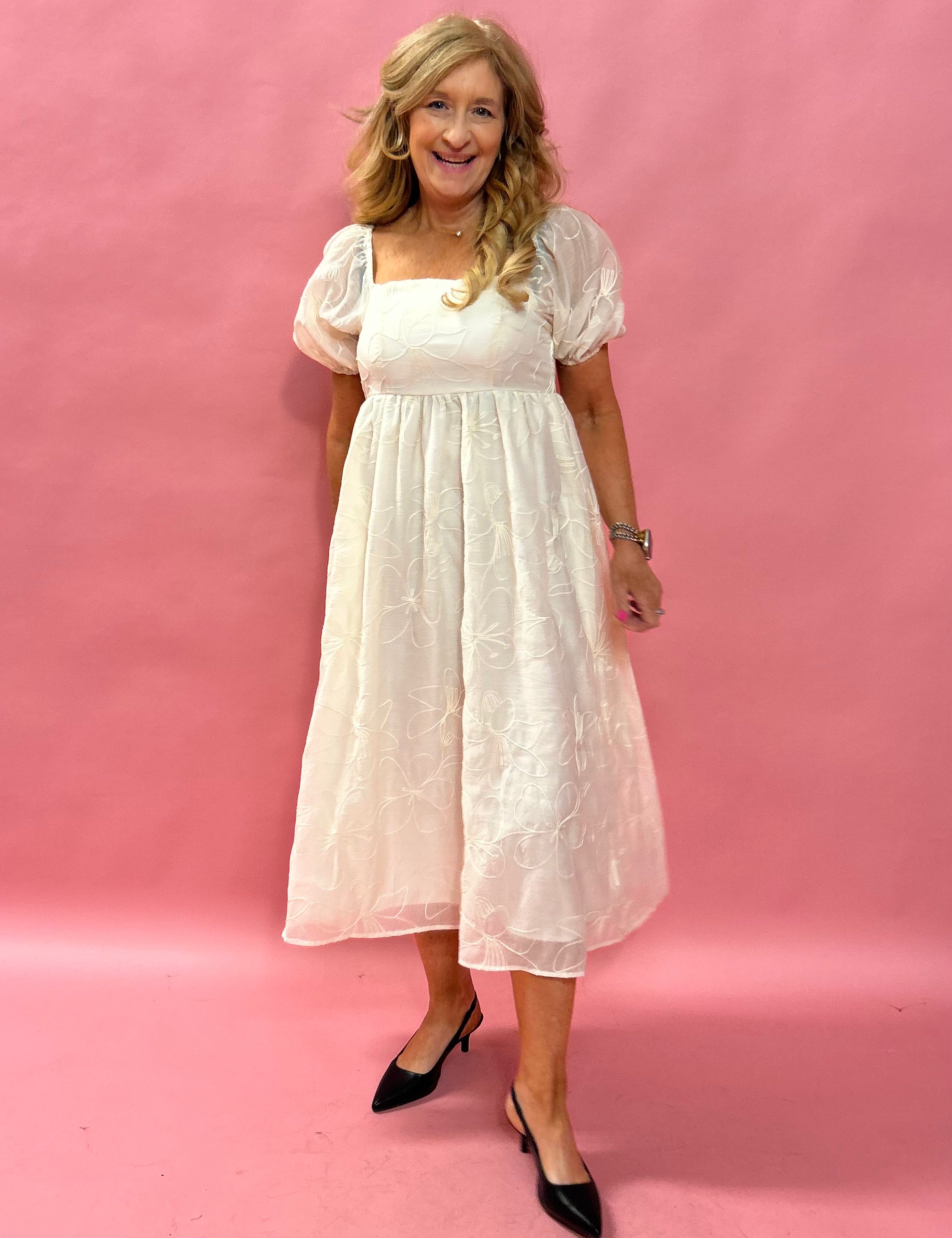 Graceful Charm: Embroidered Babydoll Maxi Dress in Cream