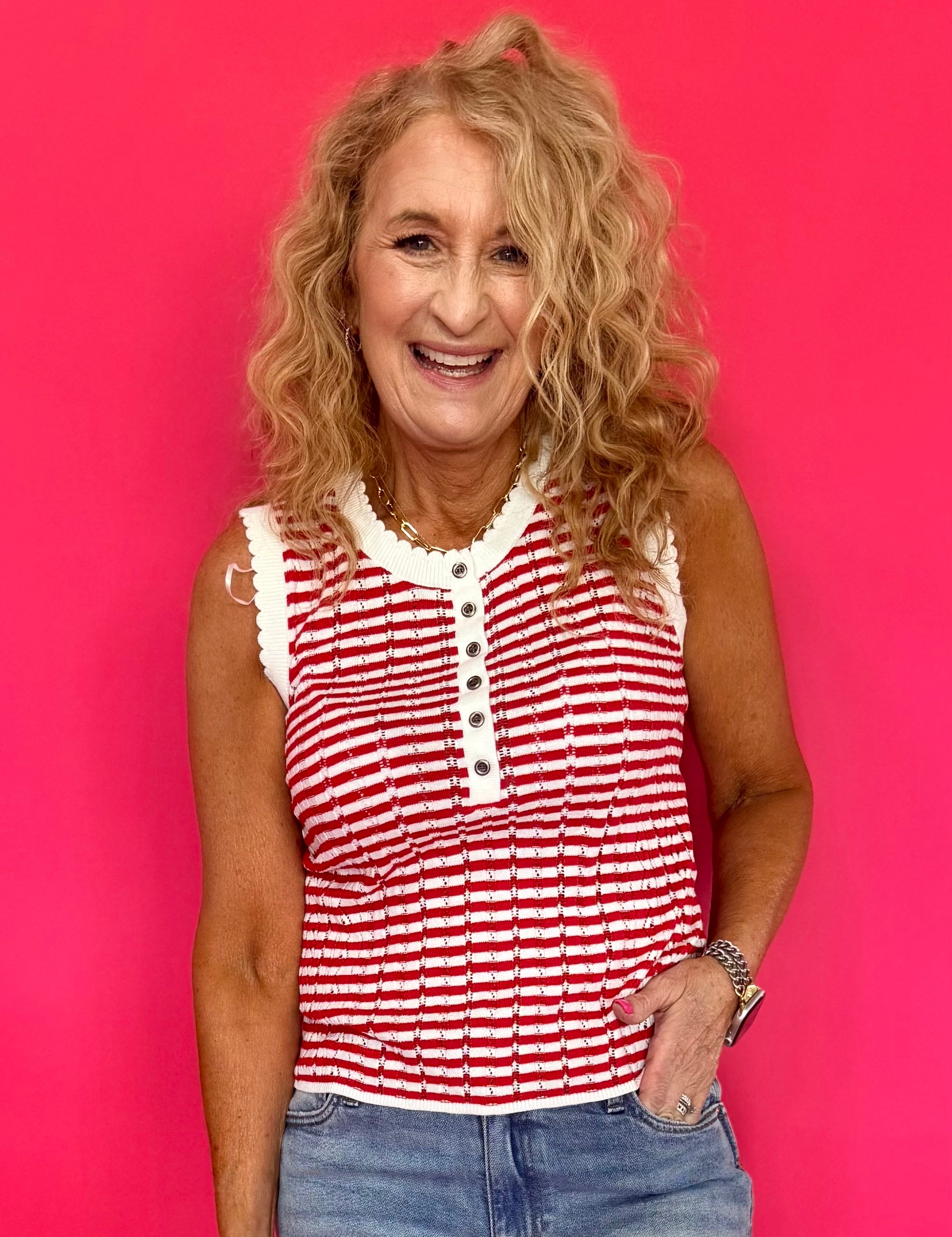 Red striped pointelle sweater-knit sleeveless tank with scalloped trim and button front – Shabby 2 Chic Boutiques
