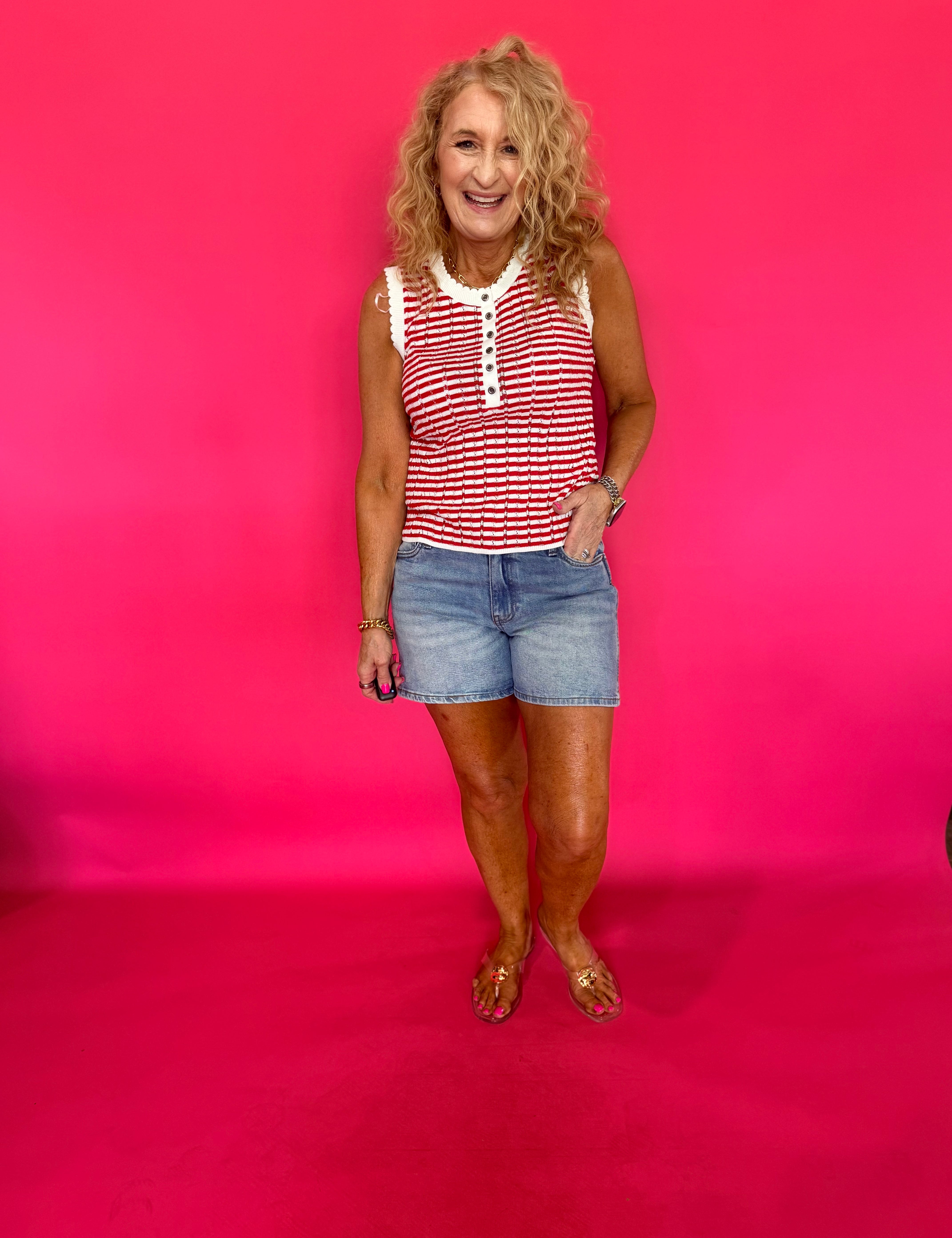 Red striped pointelle sweater-knit sleeveless tank with scalloped trim and button front – Shabby 2 Chic Boutiques