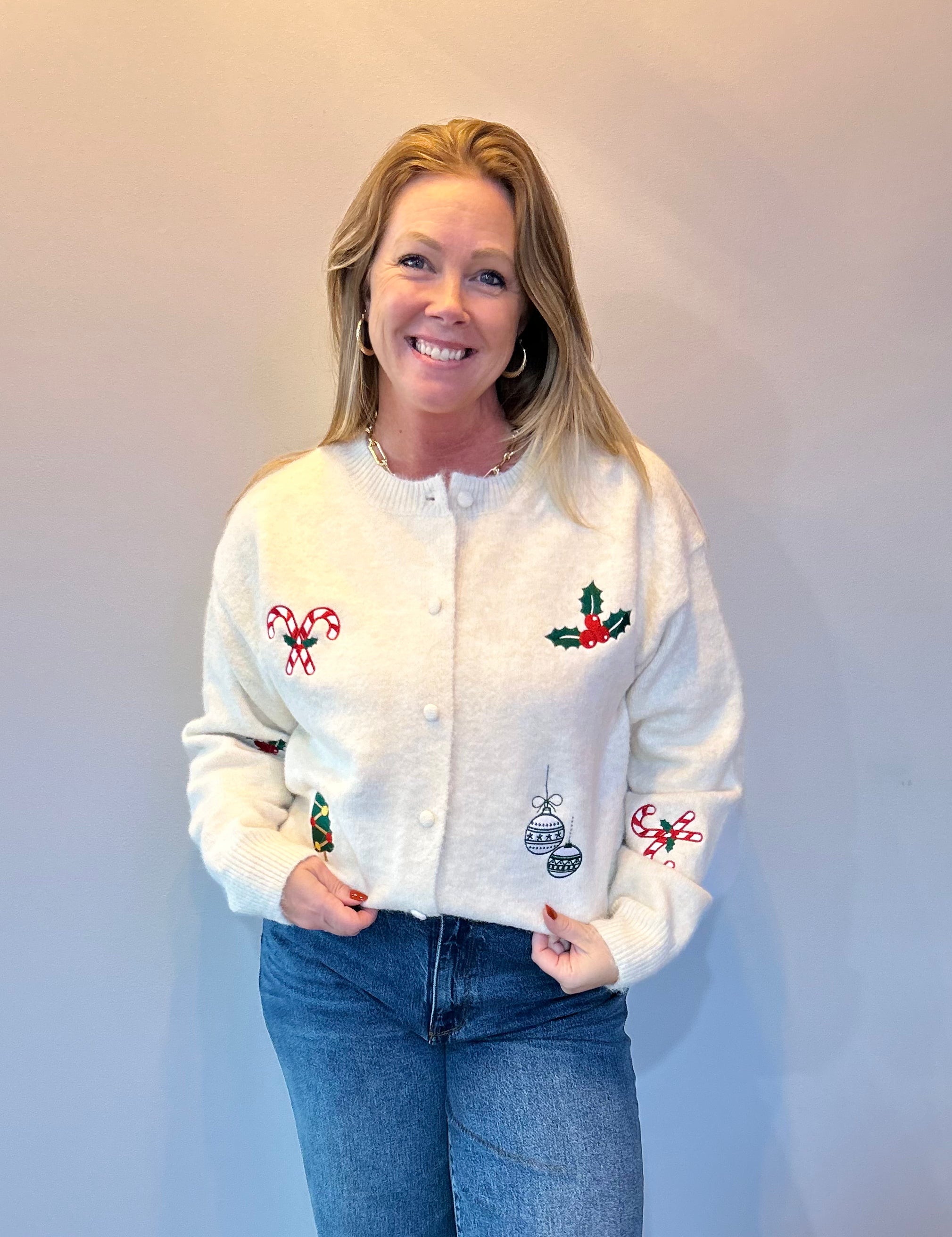 Holly Jolly Embroidered Christmas Cardigan