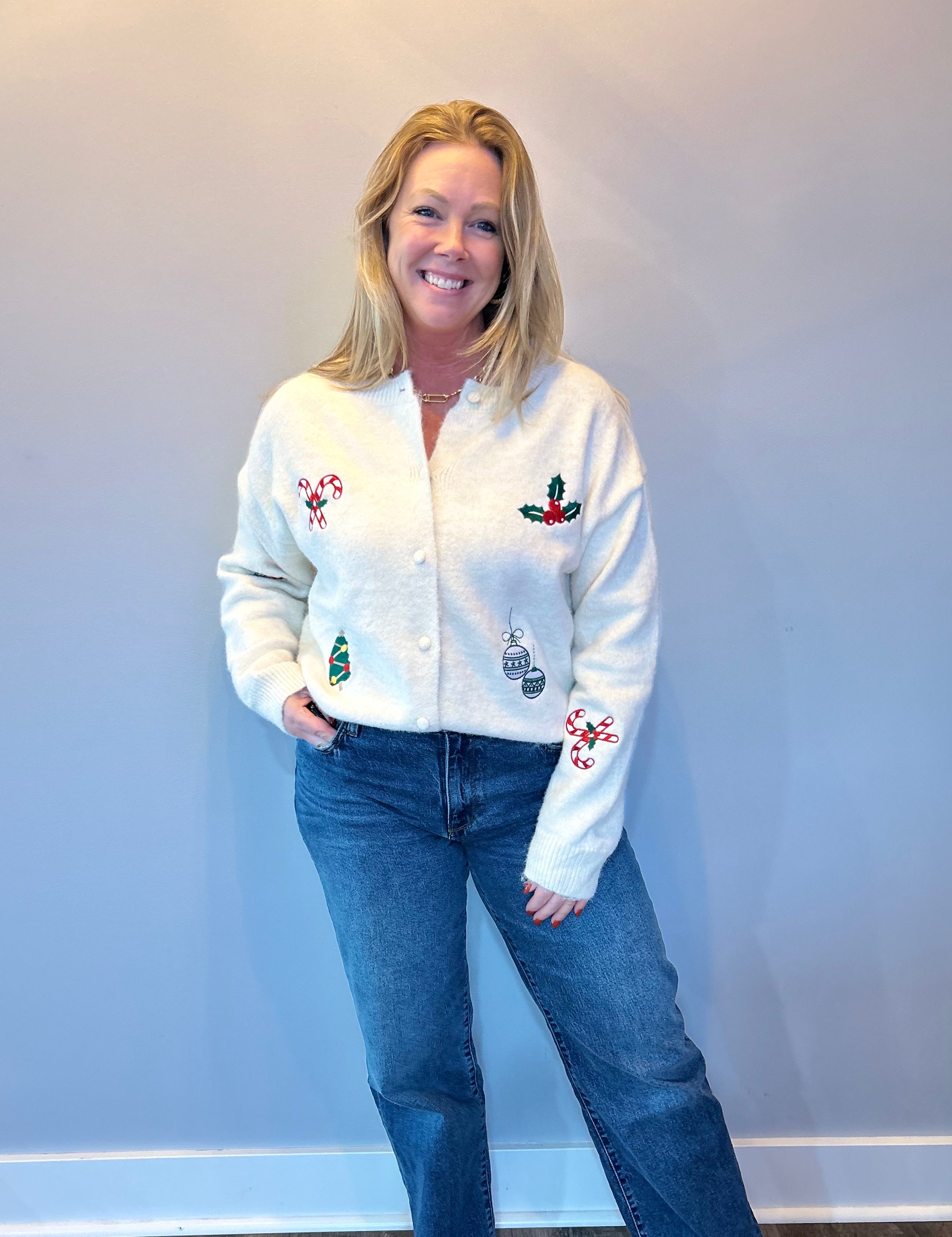 Holly Jolly Embroidered Christmas Cardigan