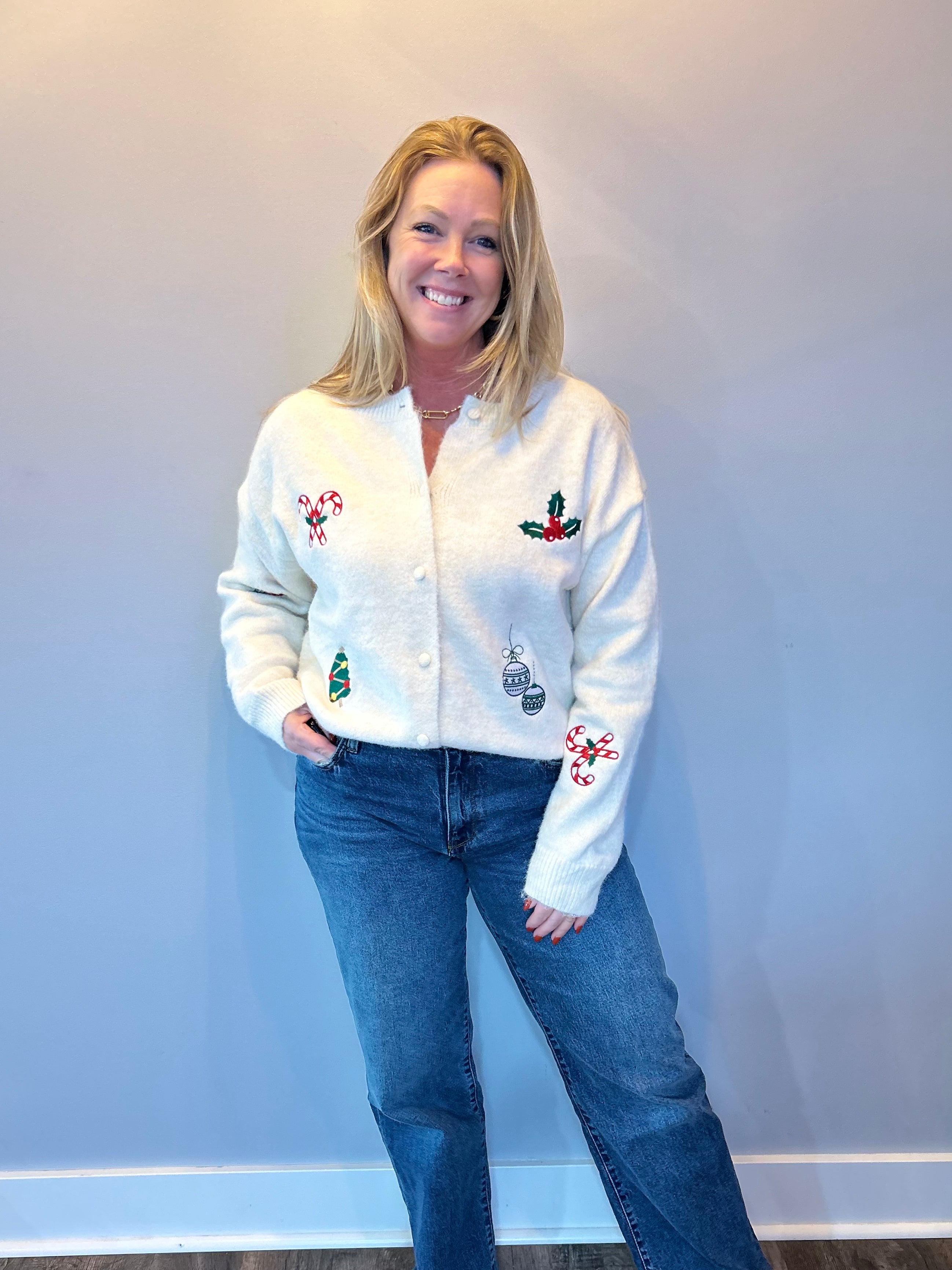 Holly Jolly Embroidered Christmas Cardigan