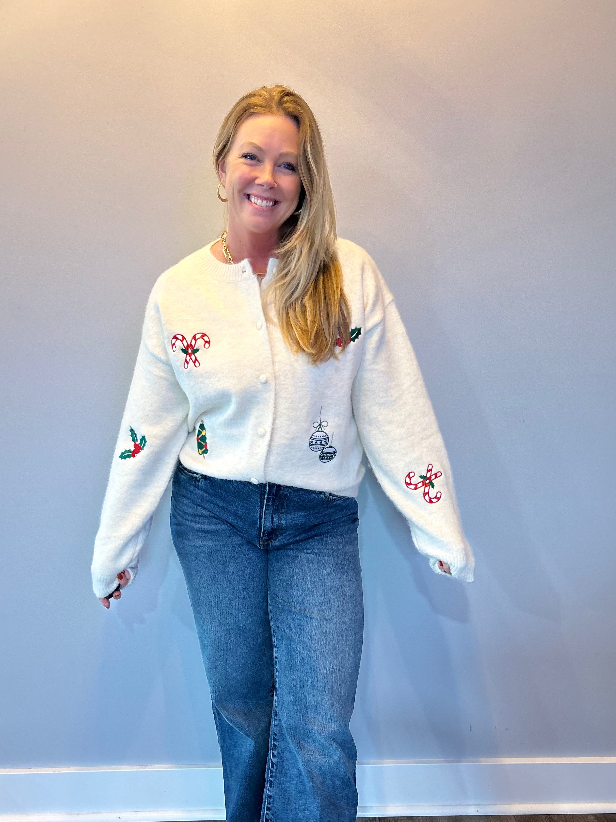 Holly Jolly Embroidered Christmas Cardigan