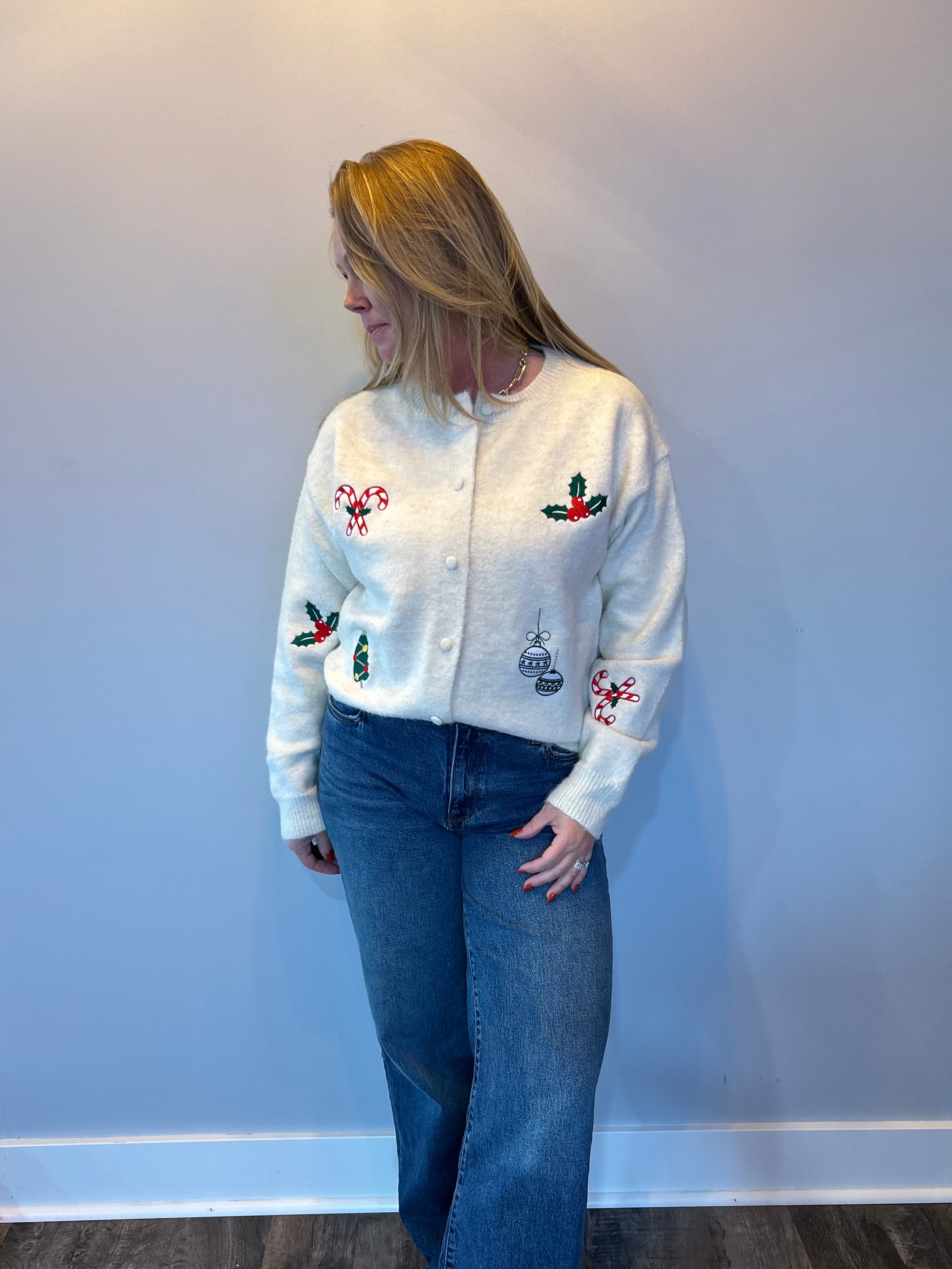 Holly Jolly Embroidered Christmas Cardigan
