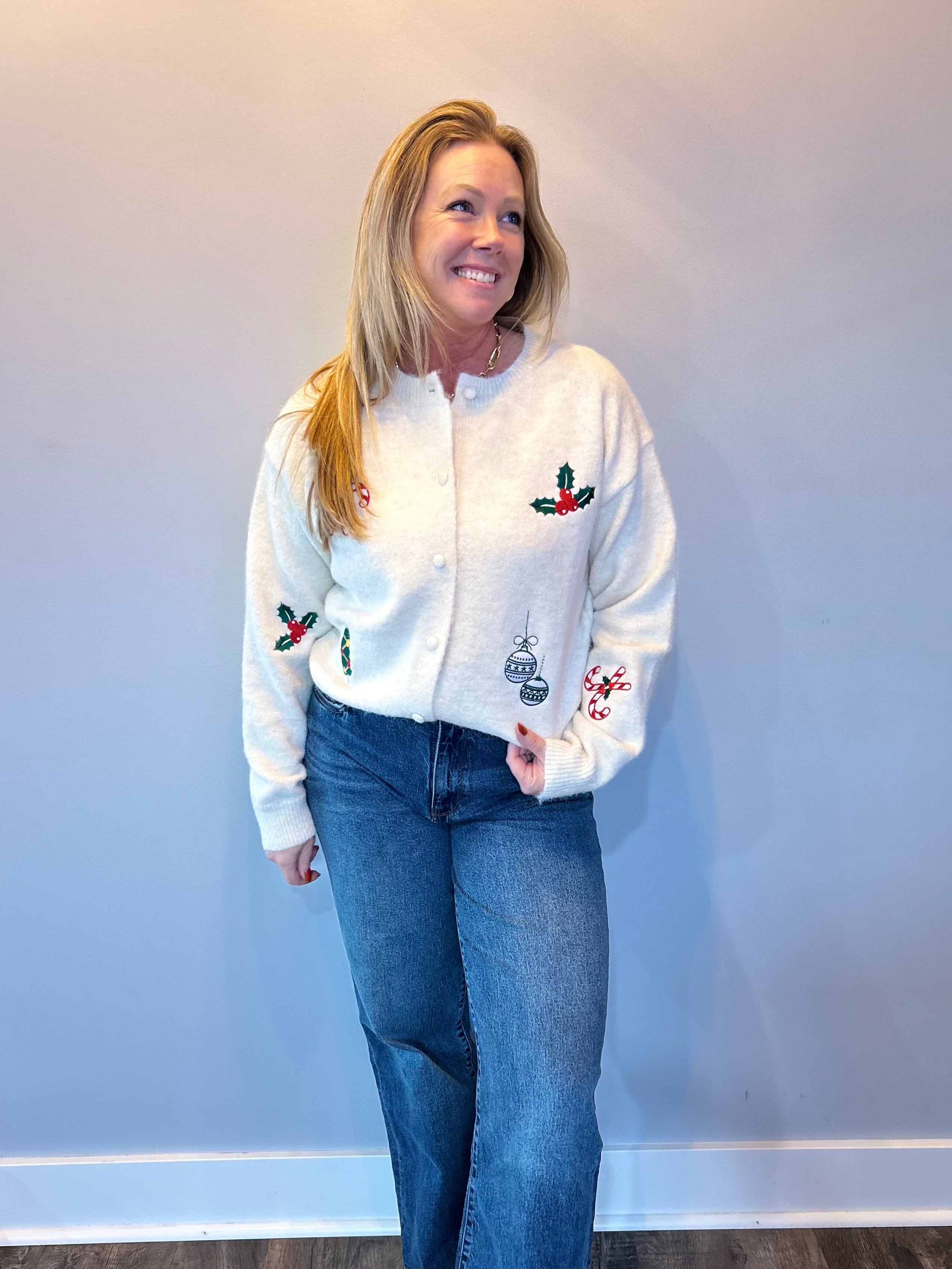 Holly Jolly Embroidered Christmas Cardigan