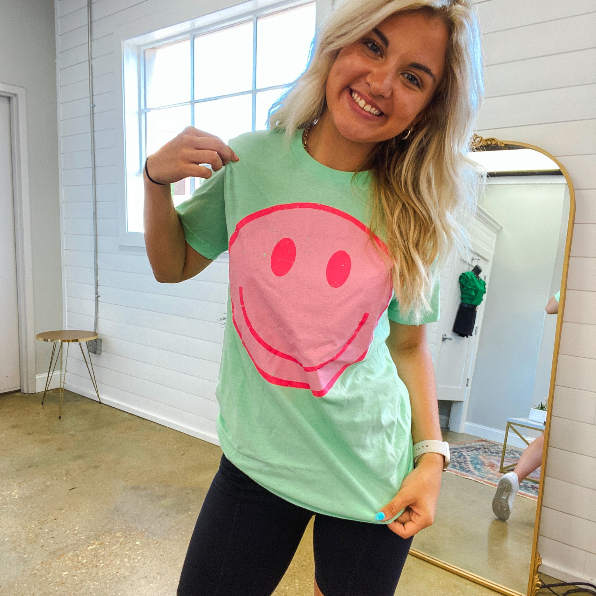 Pink Distressed Smiley Graphic Tee