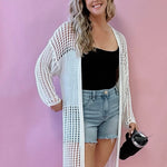 Crochet Knitted Long Sleeve Maxi Cardigan in Ivory