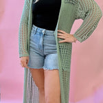 Crochet Knitted Long Sleeve Maxi Cardigan in Sage
