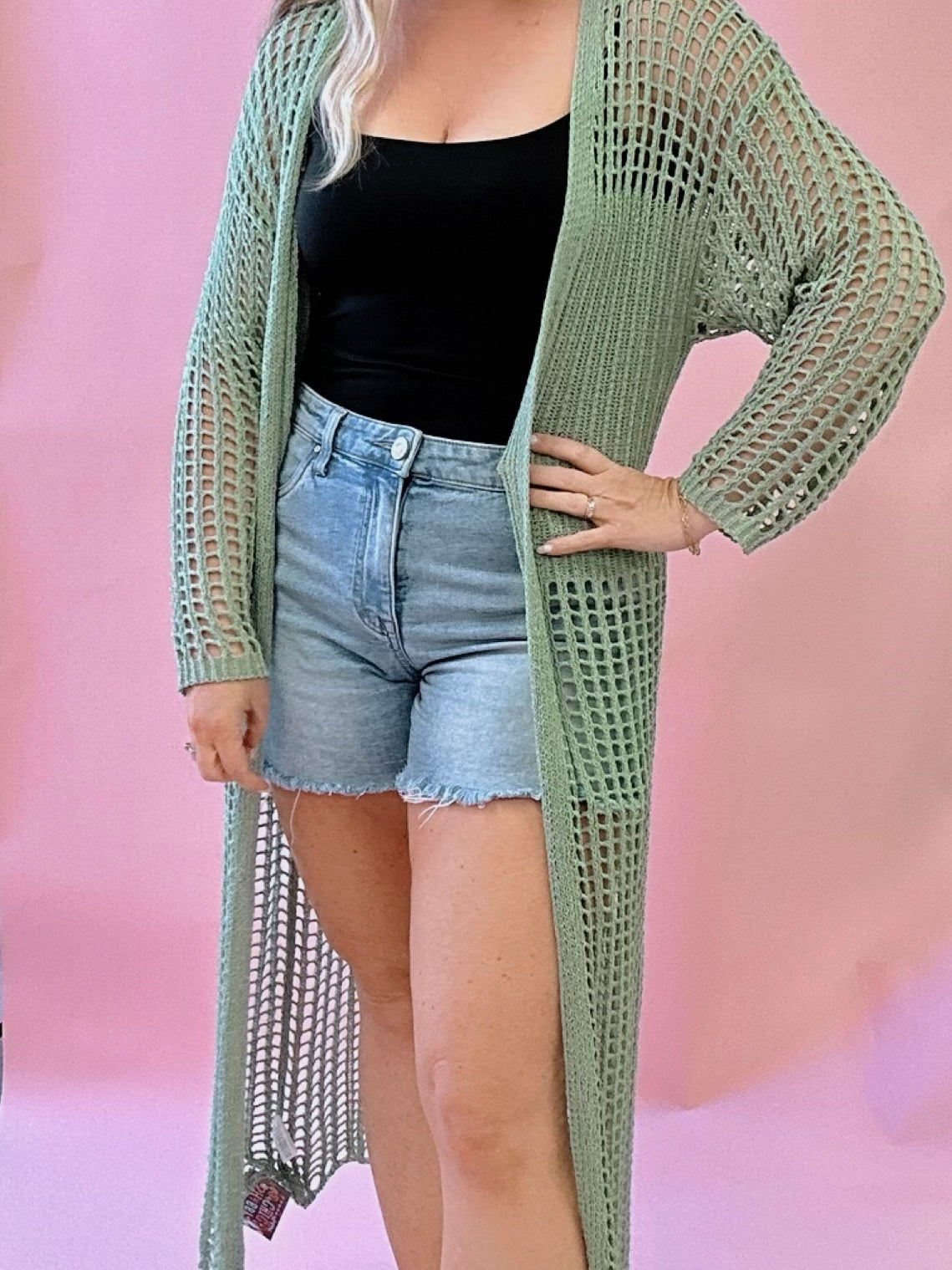 Crochet Knitted Long Sleeve Maxi Cardigan in Sage