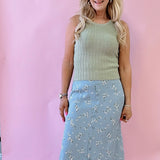 Alicia Floral Print Satin Midi Skirt in Blue