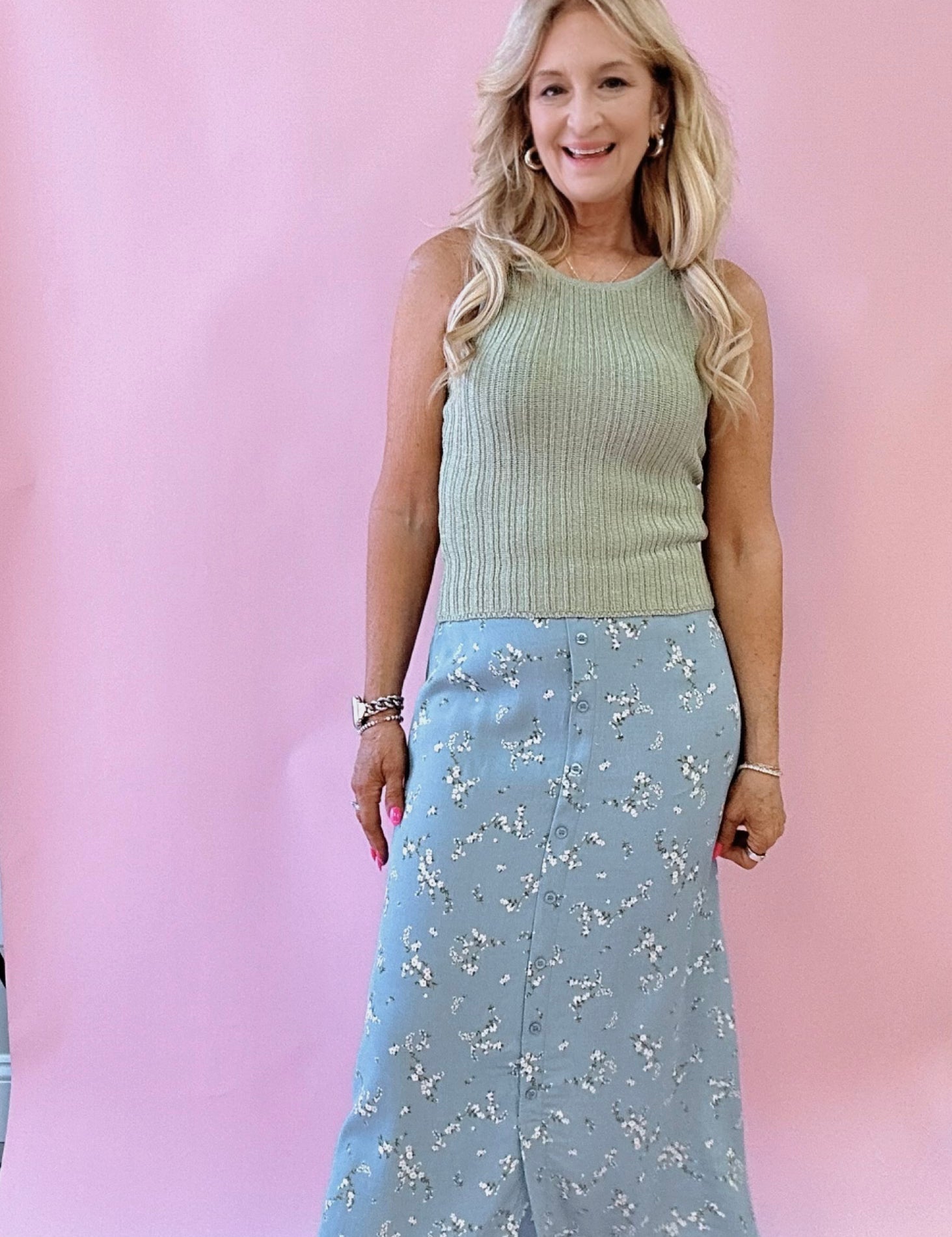Alicia Floral Print Satin Midi Skirt in Blue