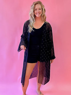 Lynette Sheer Mesh Rhinestone Kimono Embellished in Black