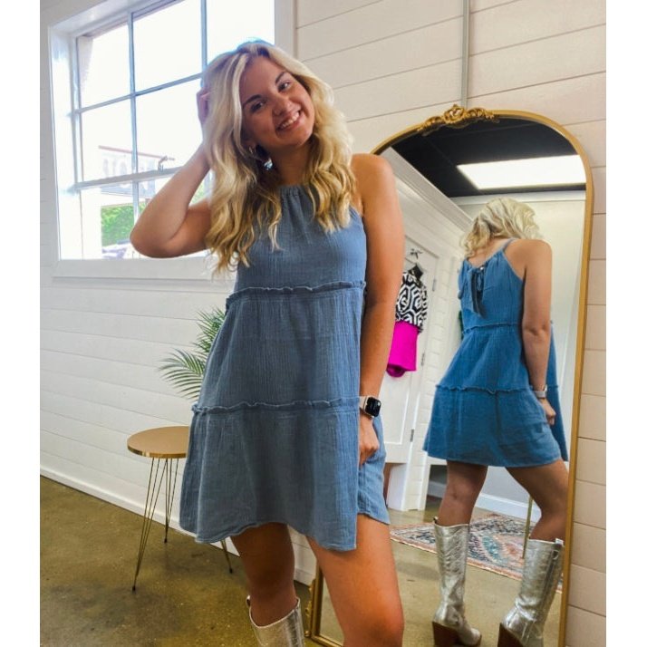 Happiness Tiered Babydoll Dress in Dusty Blue