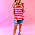 Fun Times Striped Ruffled Top in Red/Pink