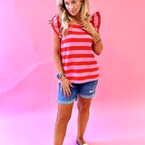 Fun Times Striped Ruffled Top in Red/Pink