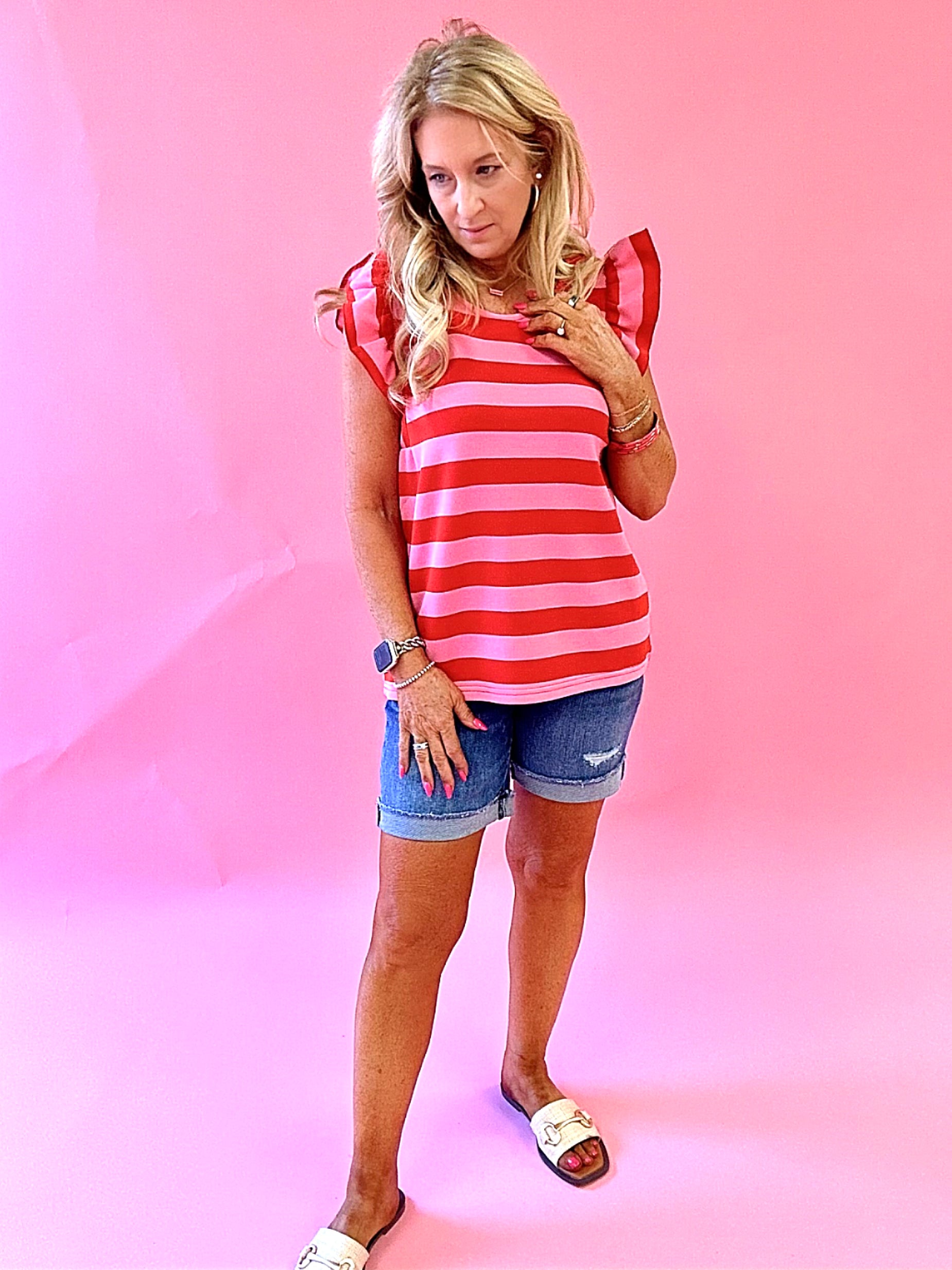 Fun Times Striped Ruffled Top in Red/Pink