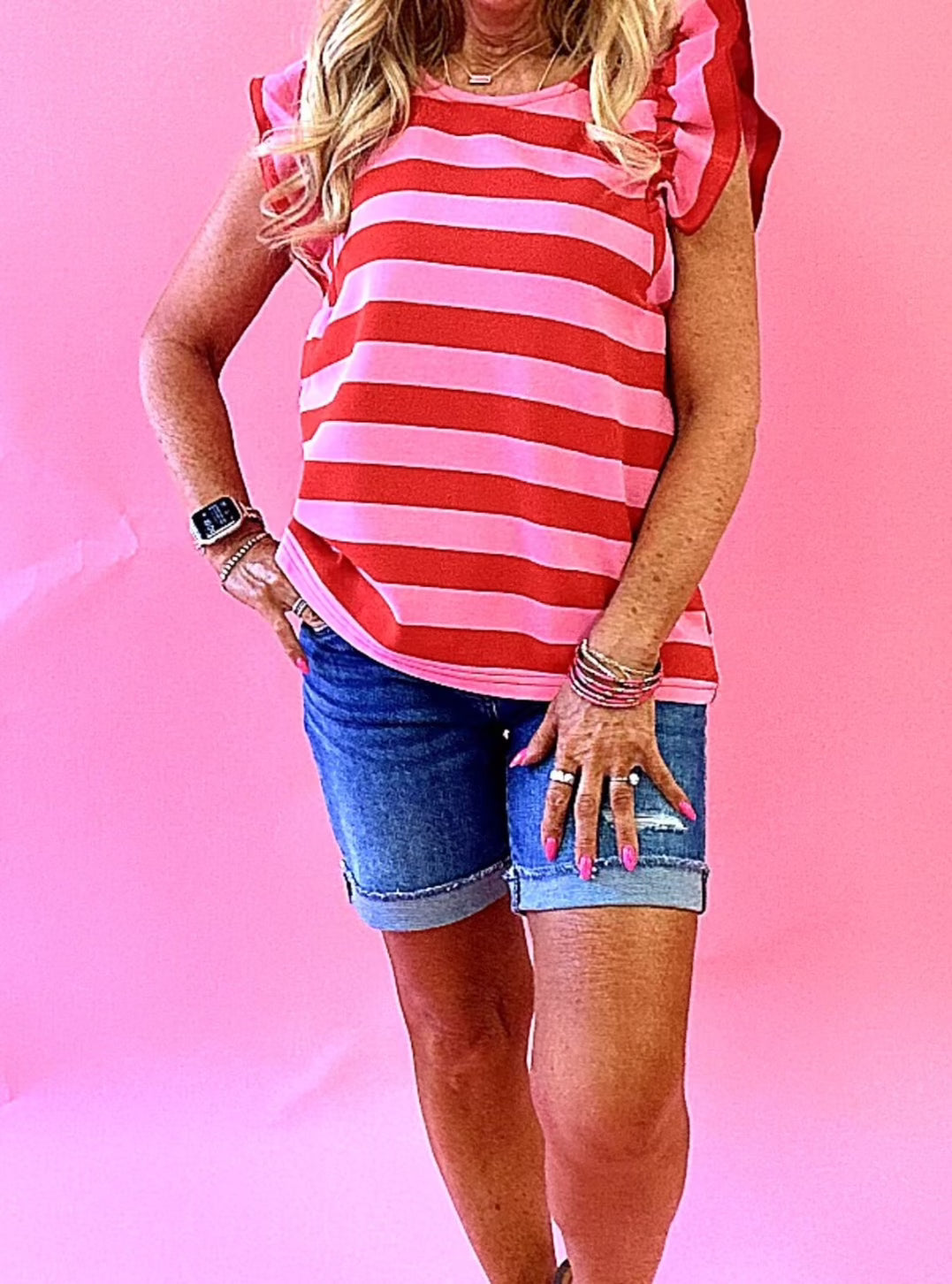 Fun Times Striped Ruffled Top in Red/Pink