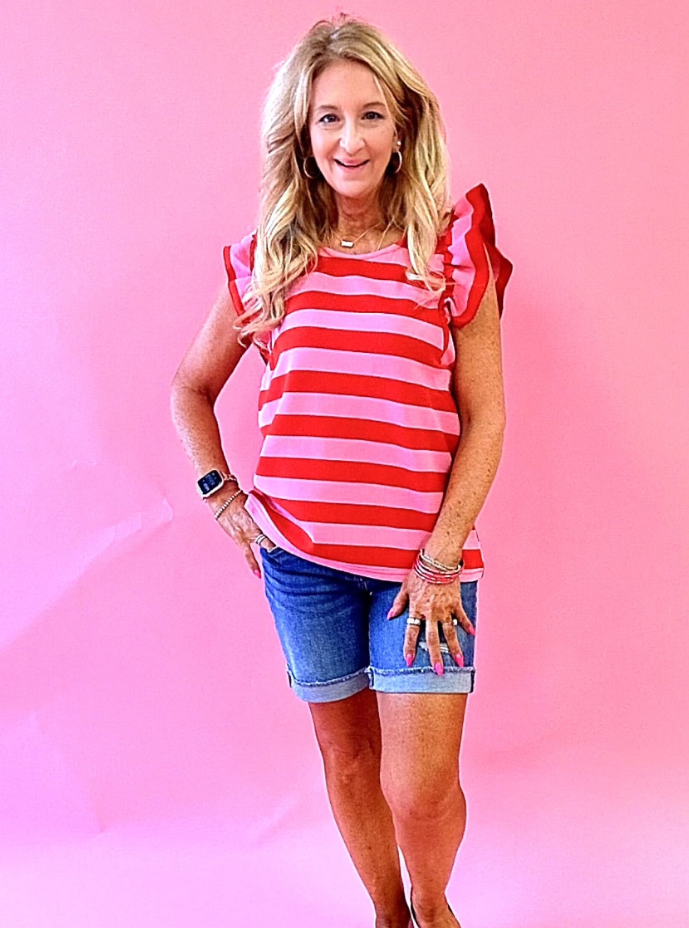 Fun Times Striped Ruffled Top in Red/Pink