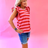 Fun Times Striped Ruffled Top in Red/Pink