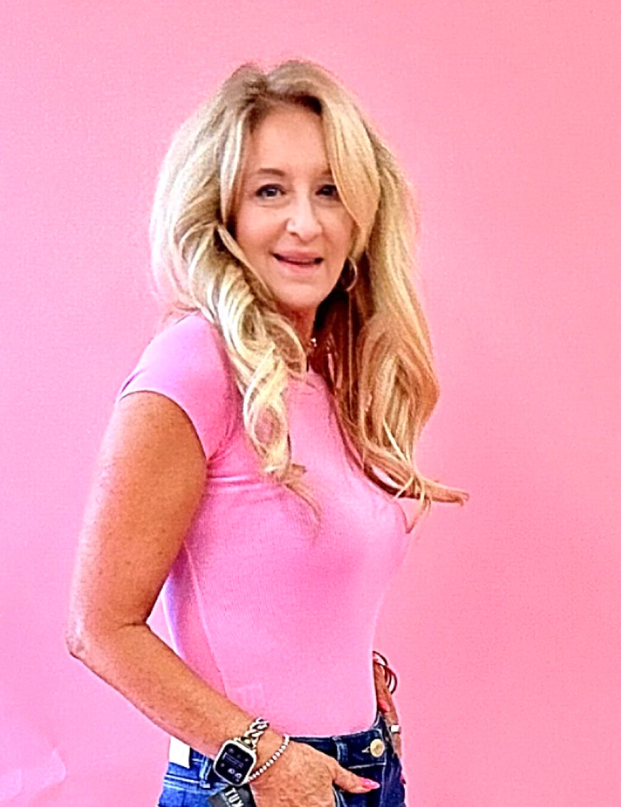 The Ashton Short Sleeve Knit Bodysuit in Pink