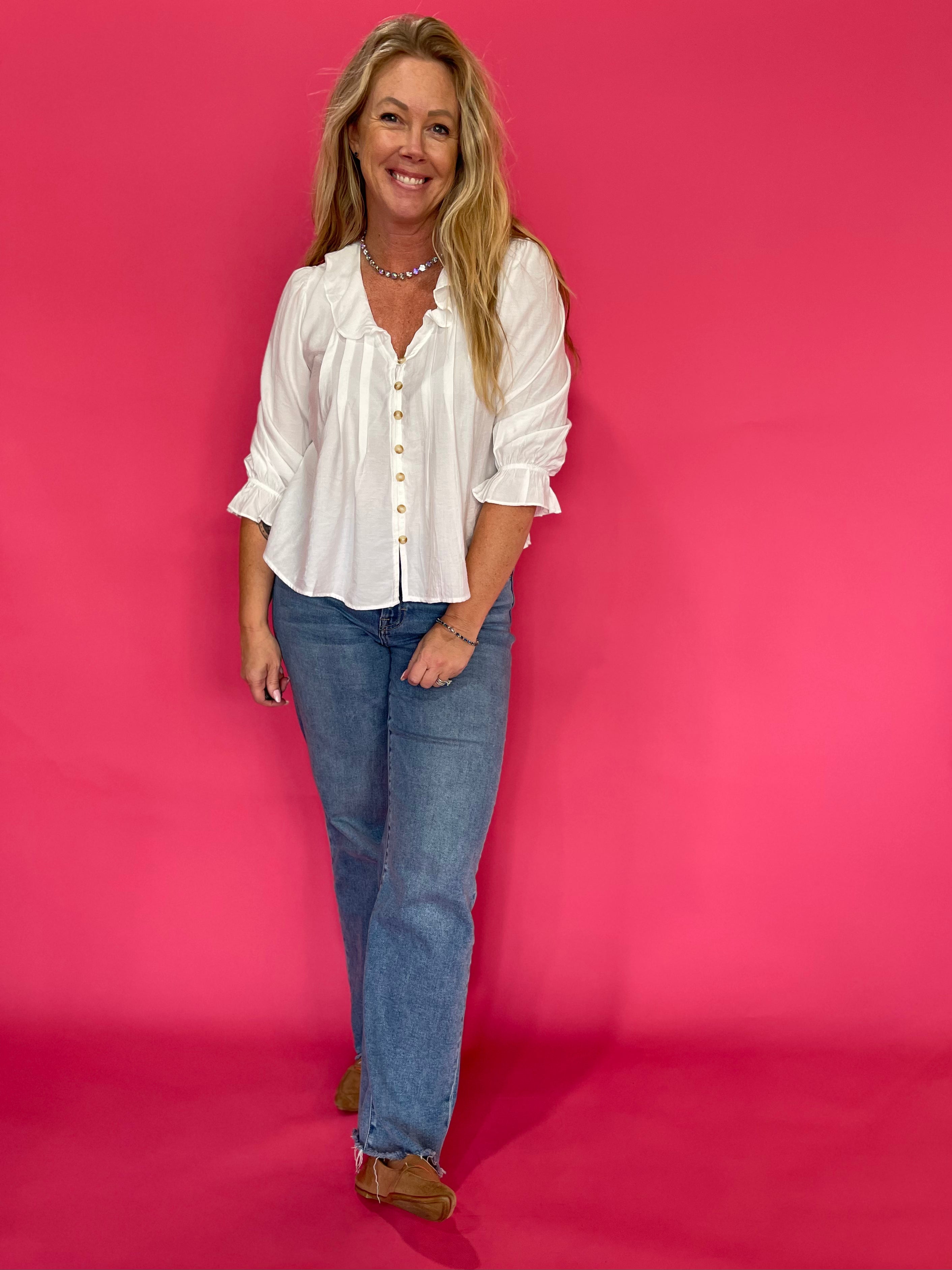 Ruffle Hour V-Neck Blouse in White