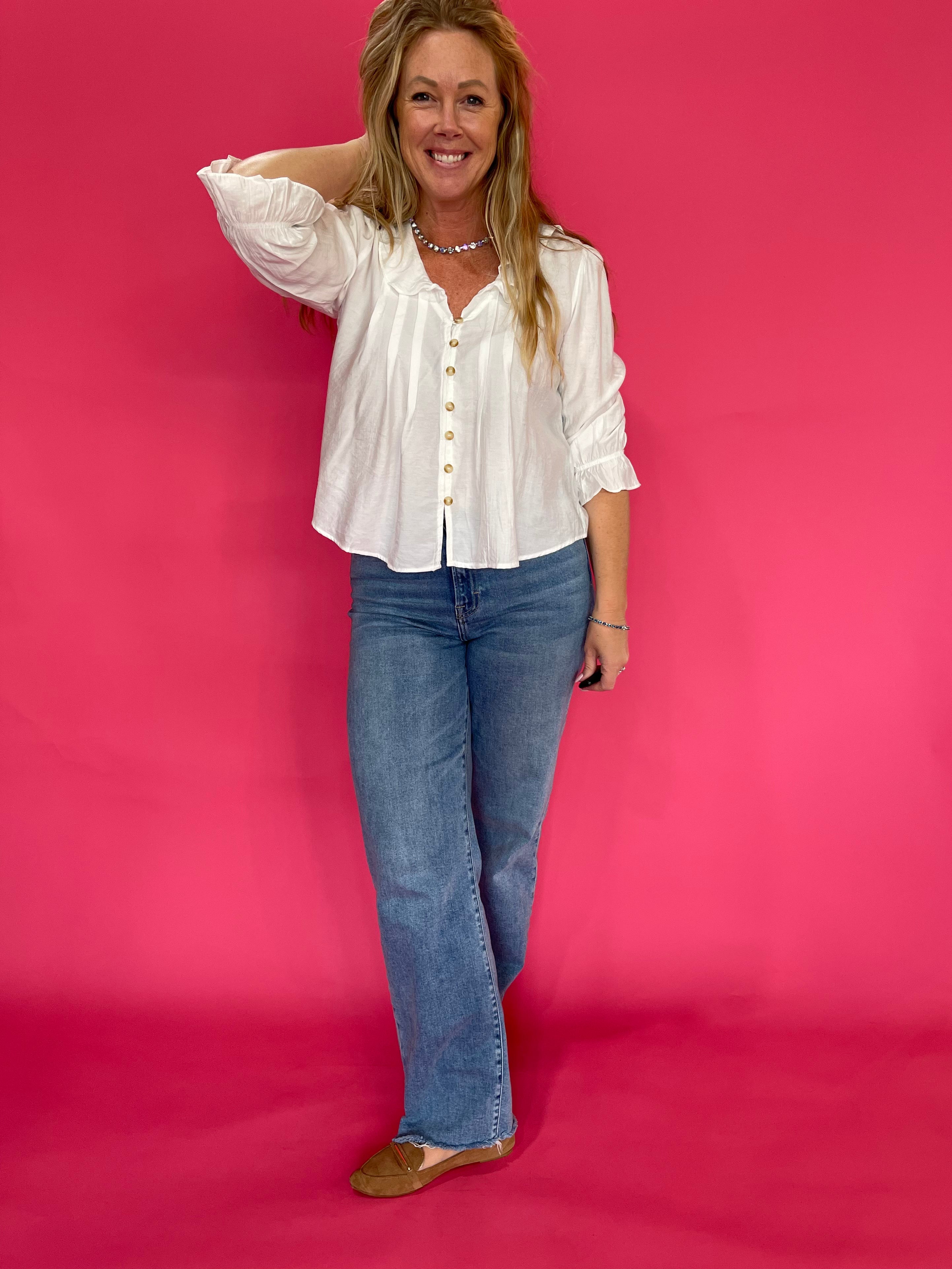 Ruffle Hour V-Neck Blouse in White
