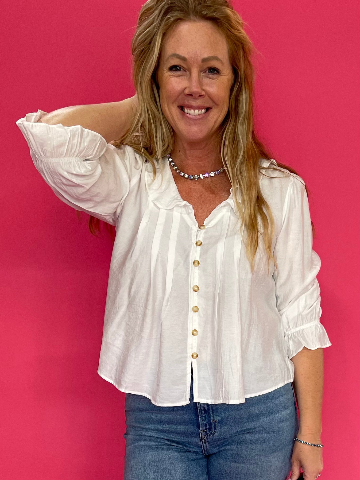 Ruffle Hour V-Neck Blouse in White