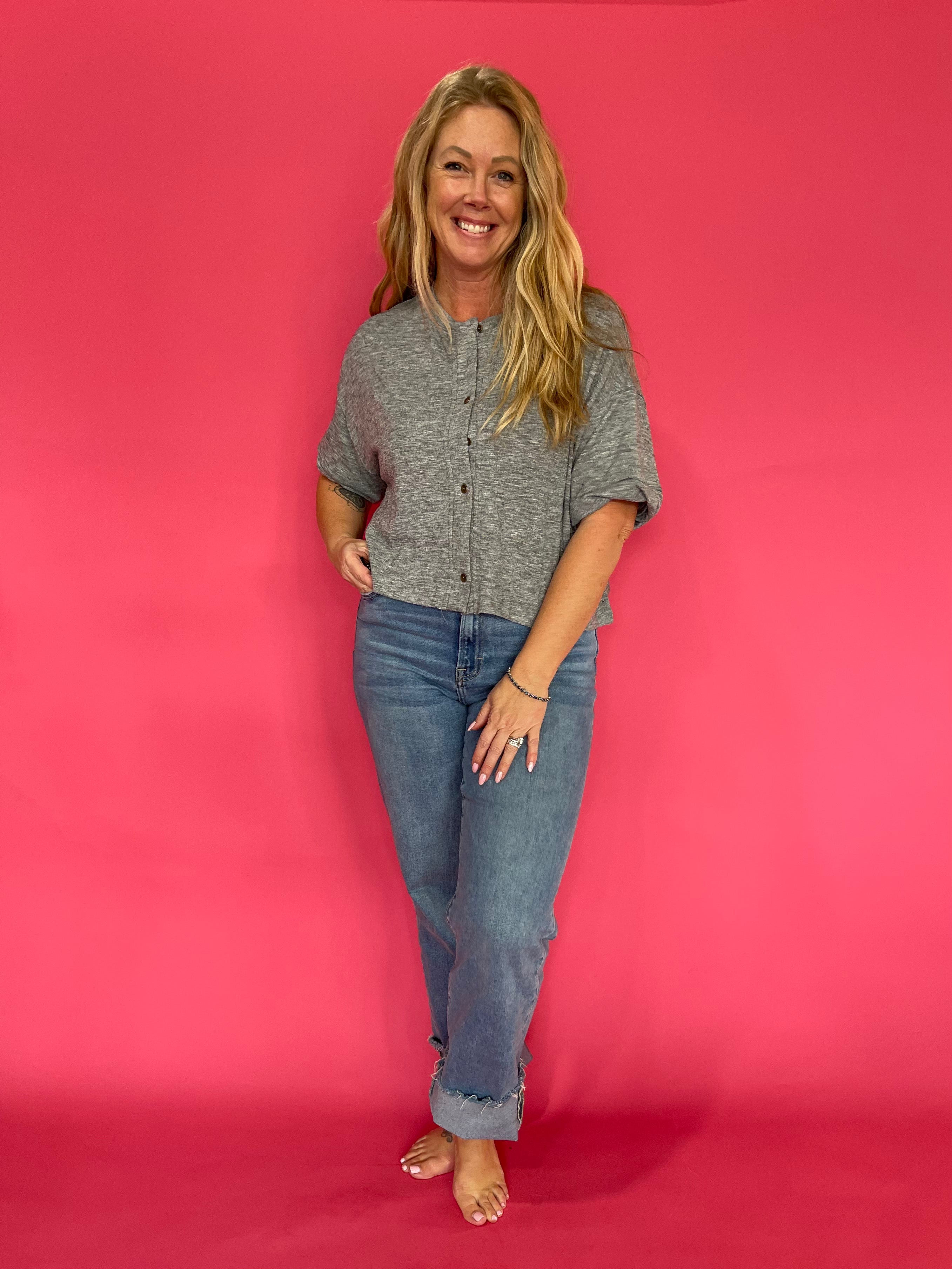 Short Sleeve Button Knit Top
