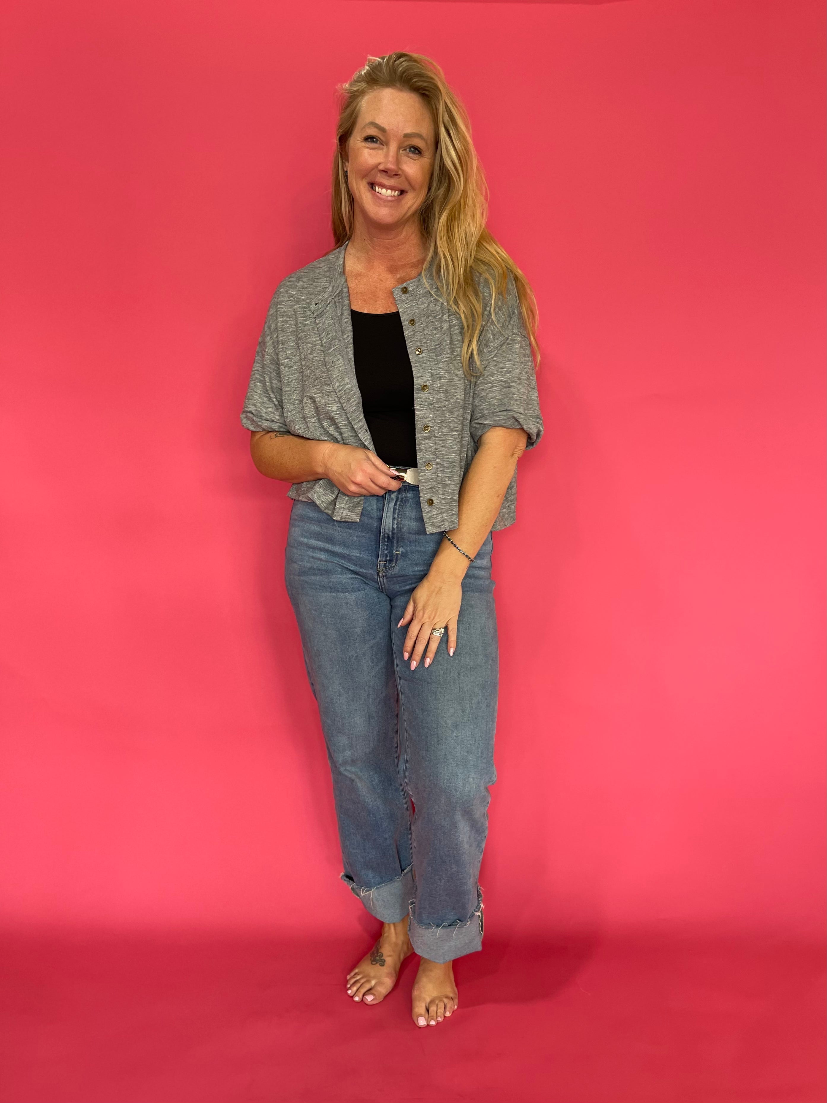 Short Sleeve Button Knit Top