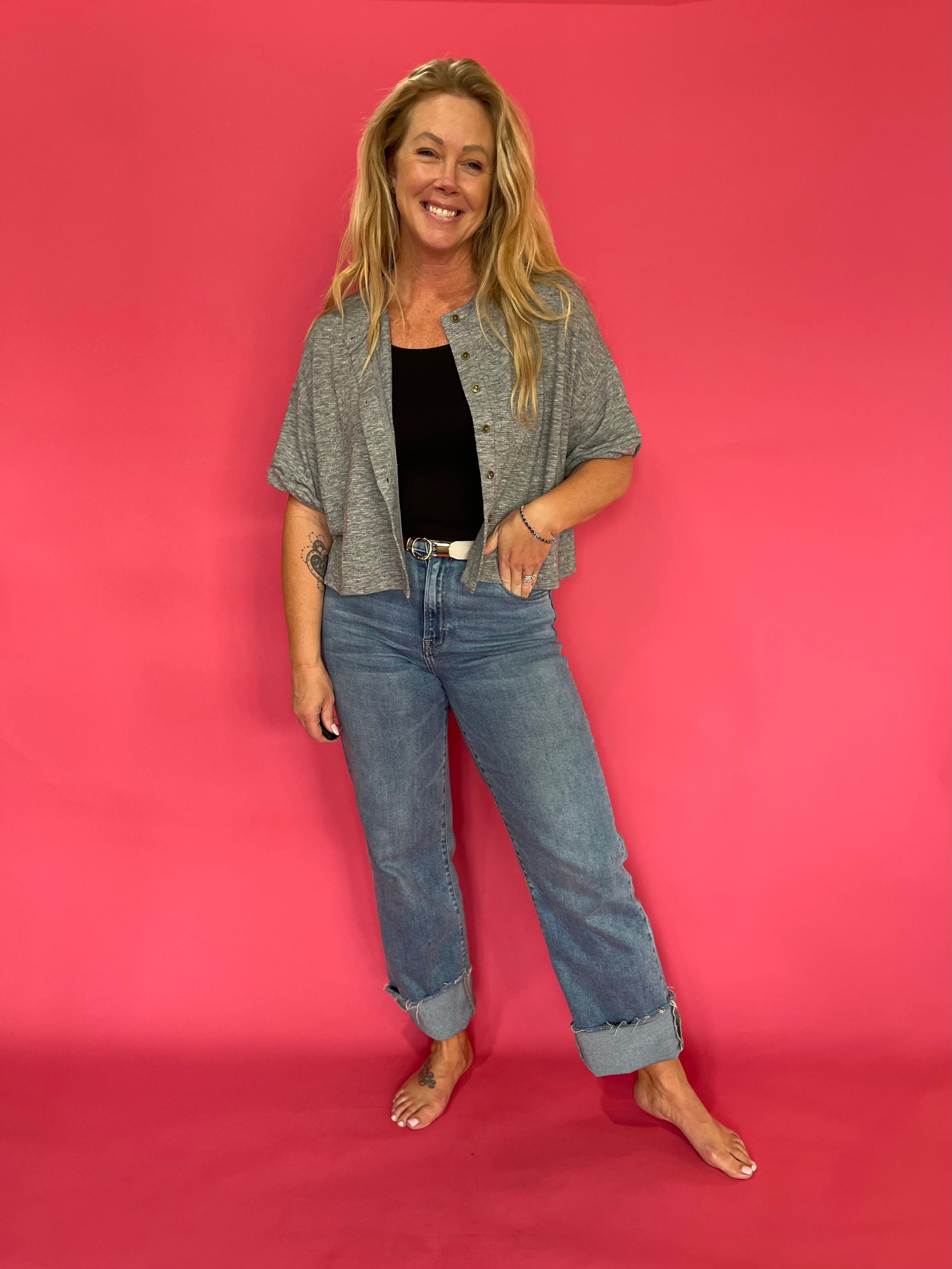 Short Sleeve Button Knit Top